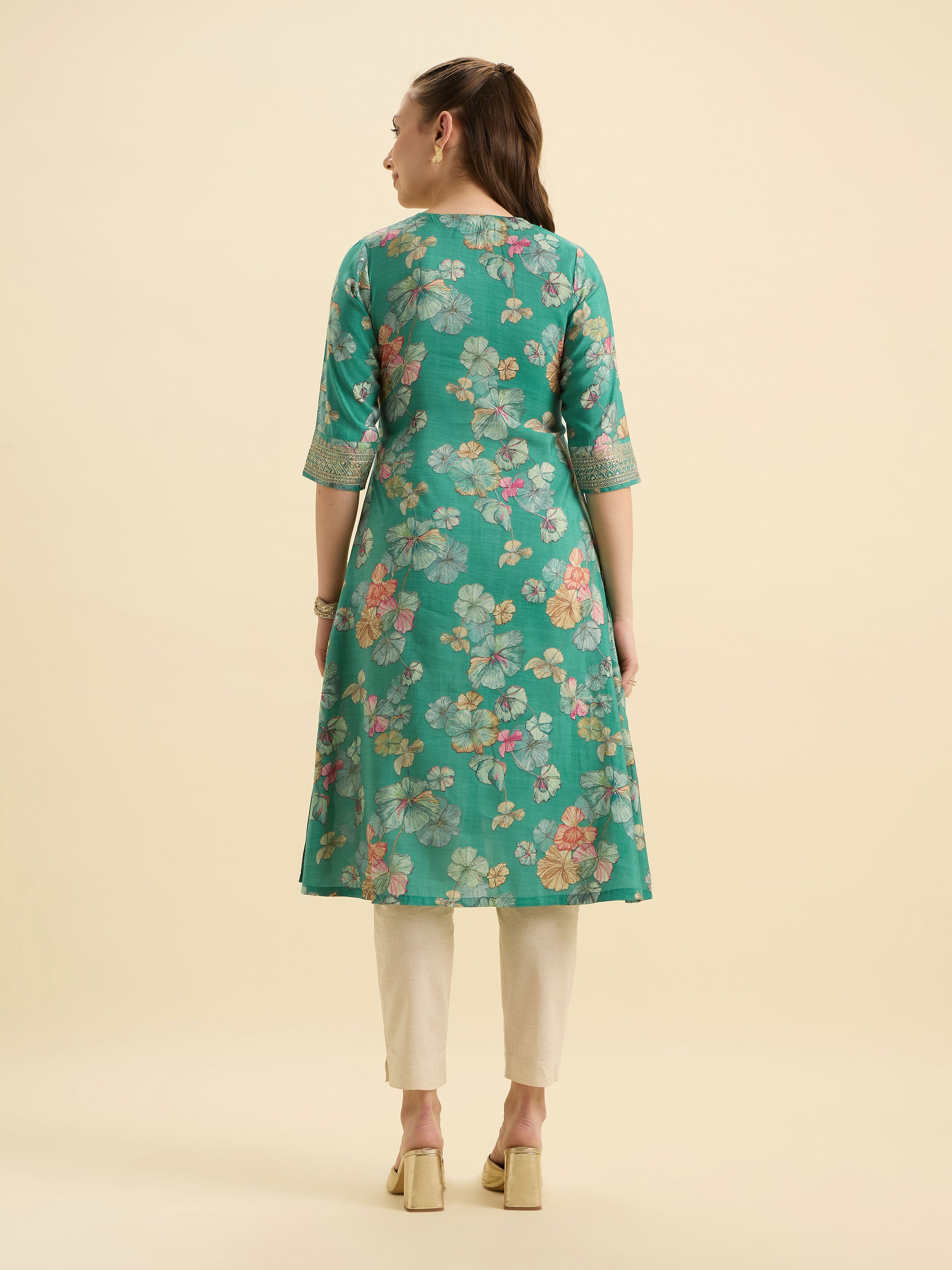 Green Multi Viscose Blend Printed Flared Kurti With Cording Embroidery Sequins Work