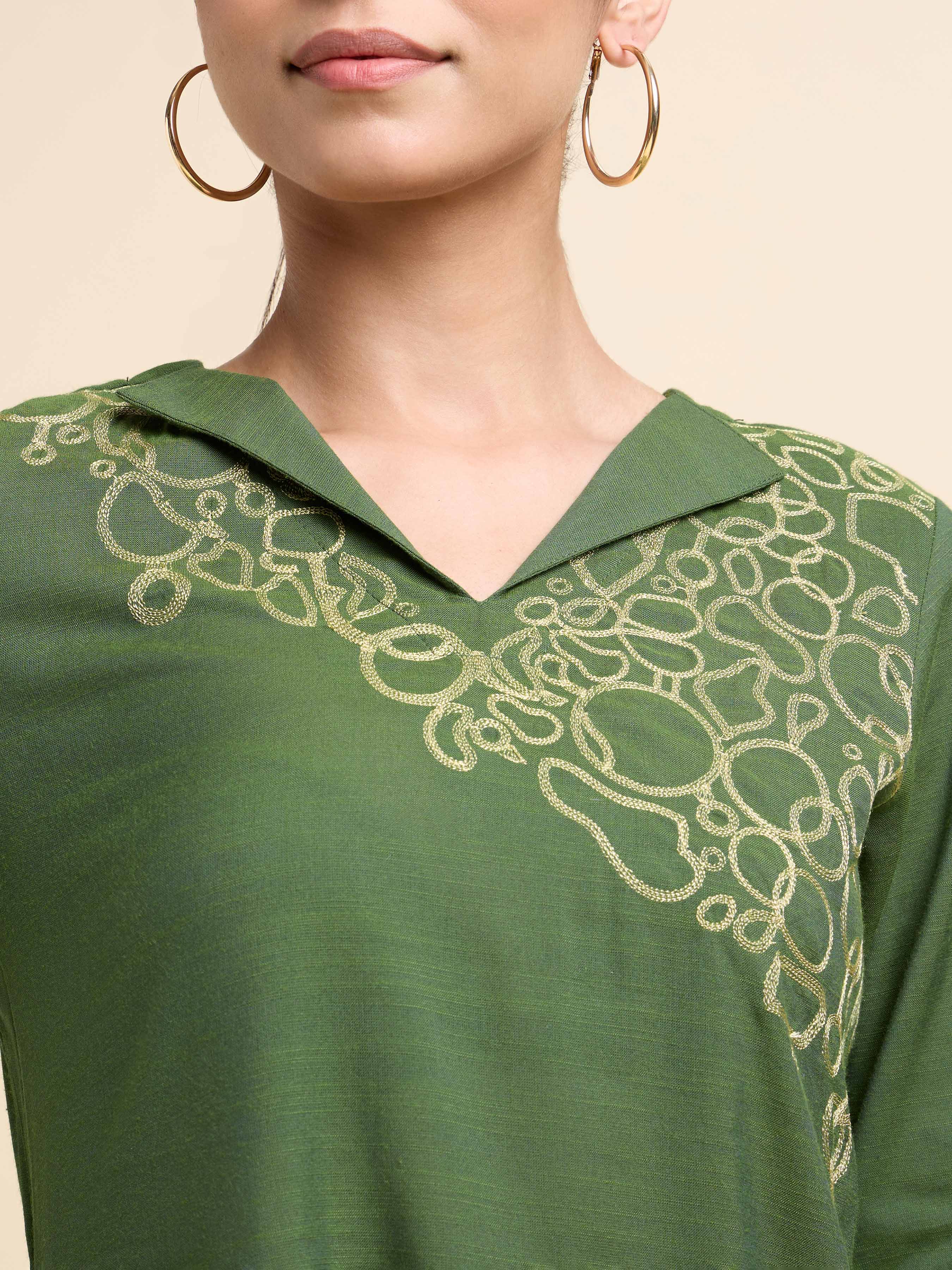 Green Cotton Viscose Slub Plain Kurti With Embroidery