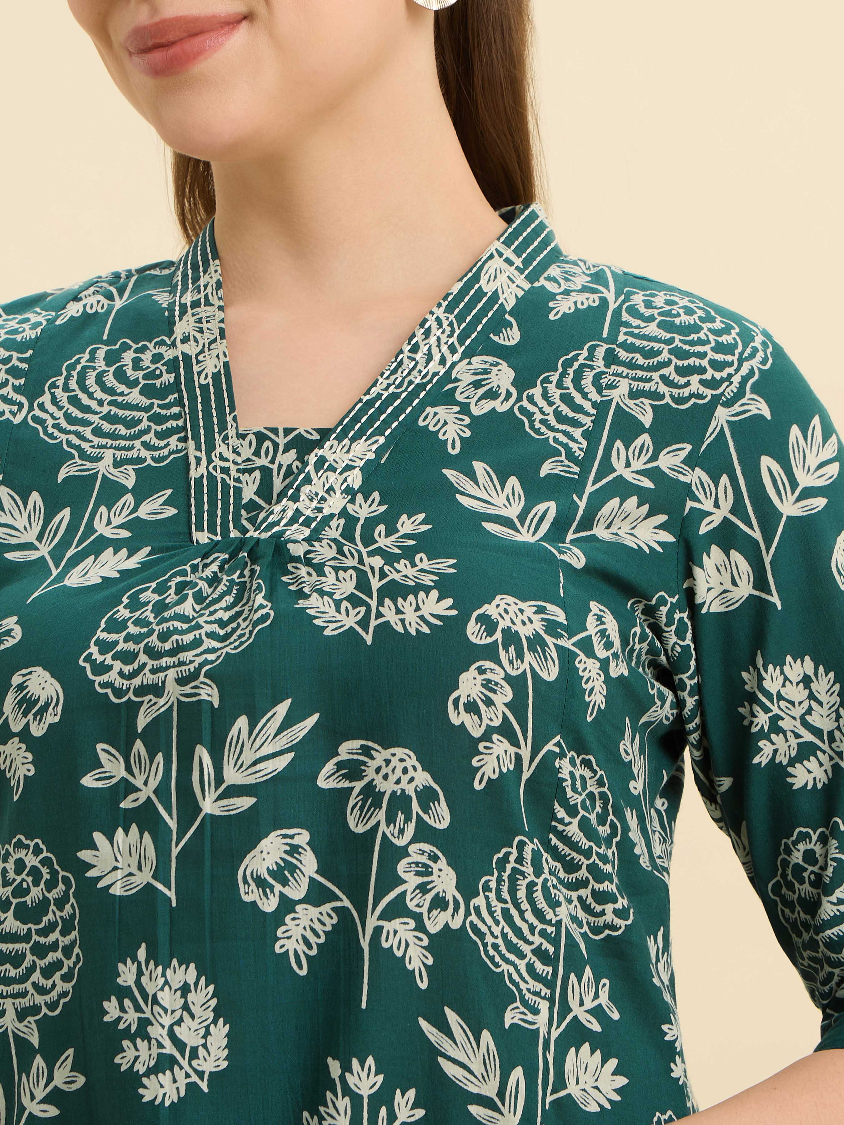 Green Ivory Cotton Printed Flared Kurti Set With Embroidery