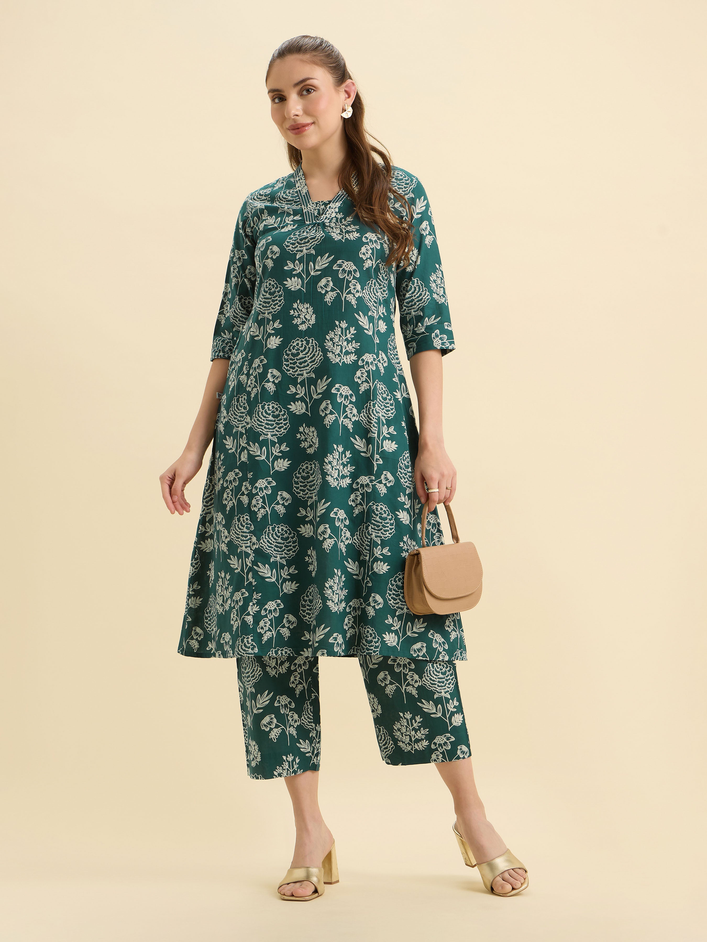 Green Ivory Cotton Printed Flared Kurti Set With Embroidery