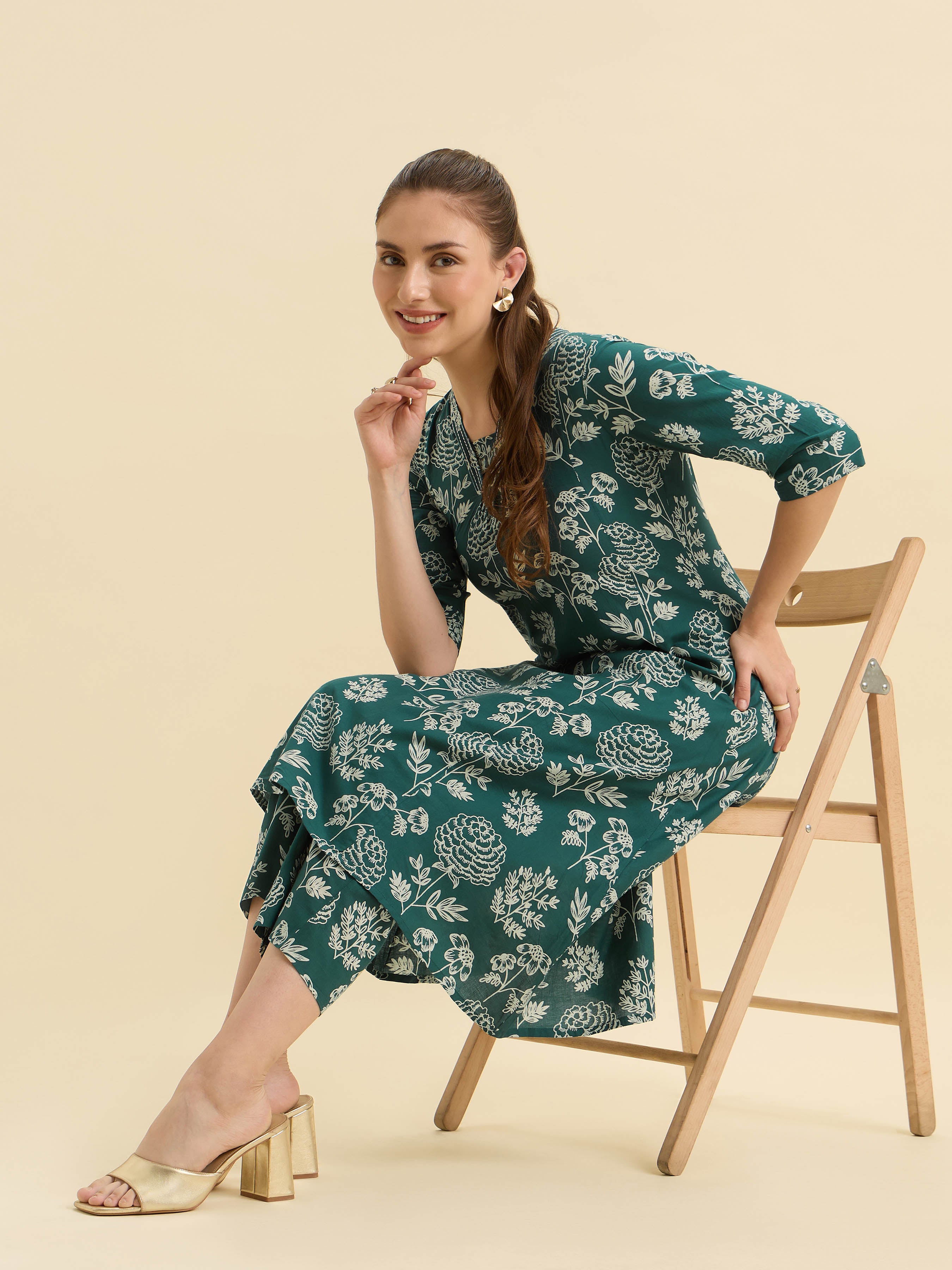 Green Ivory Cotton Printed Flared Kurti Set With Embroidery