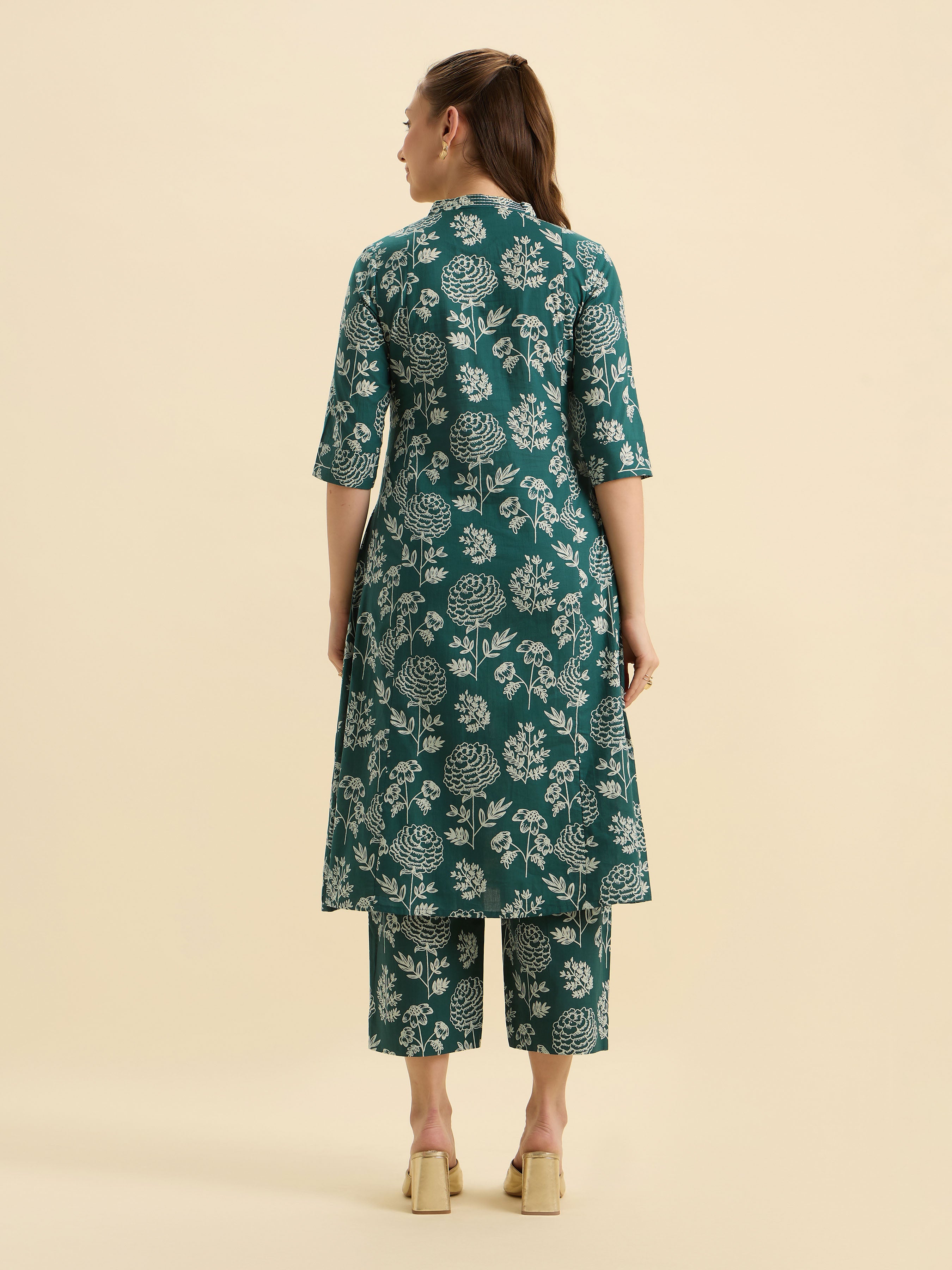 Green Ivory Cotton Printed Flared Kurti Set With Embroidery