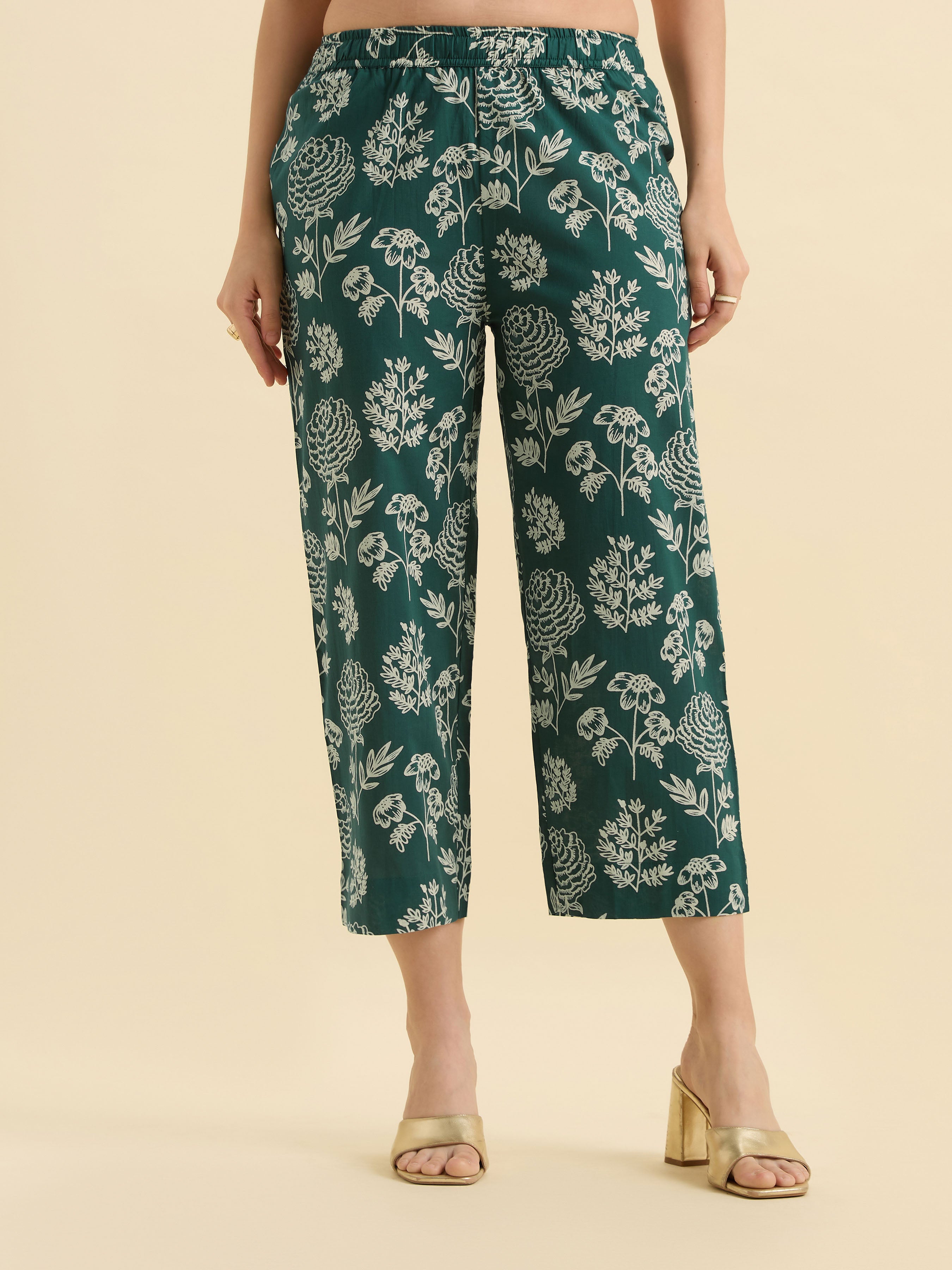 Green Ivory Cotton Printed Flared Kurti Set With Embroidery