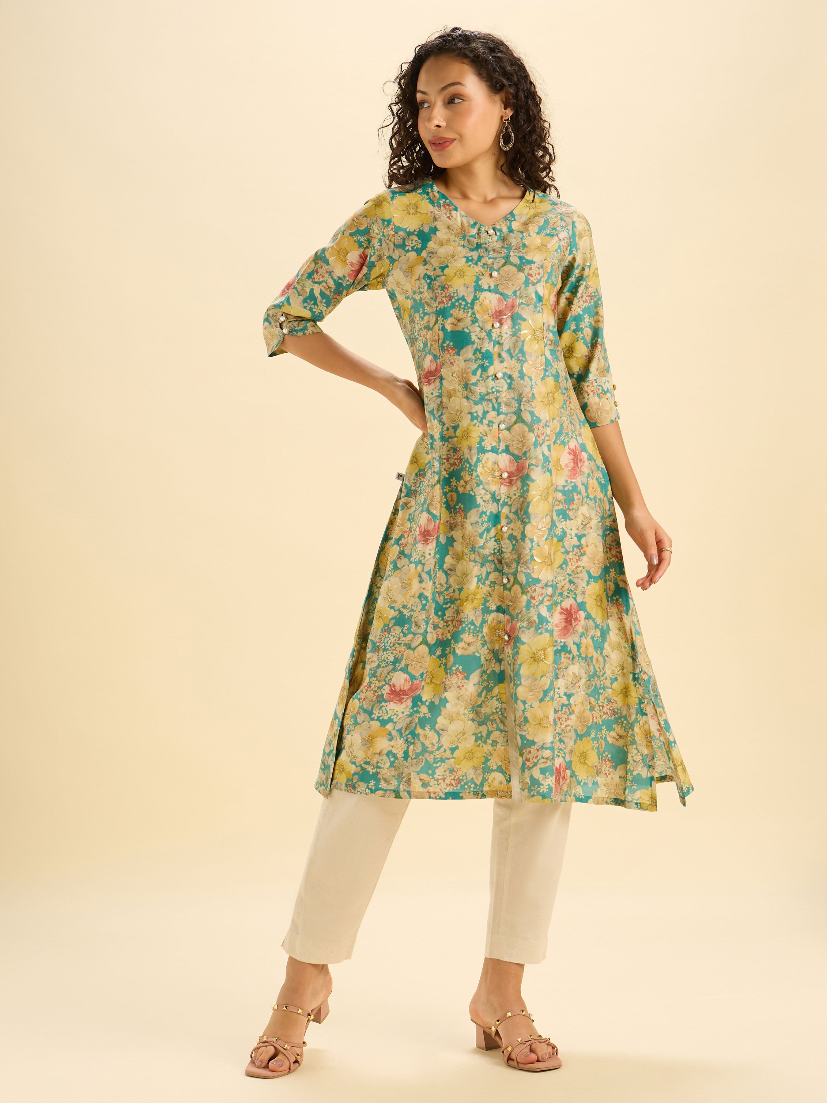 Green Multi Modal Chanderi Printed Flared Kurti With Princess Cut
