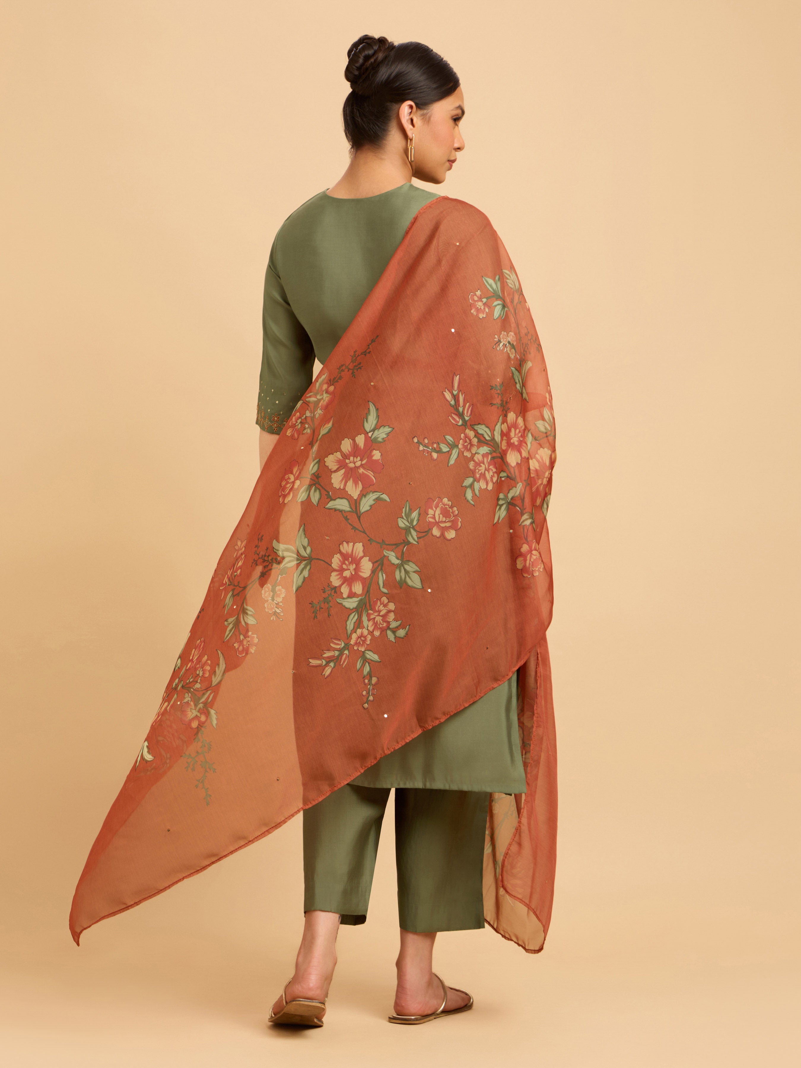 Green Plain Slitted Kurti Set With Embroidery Sequins Work.Styled With Printed Dupatta
