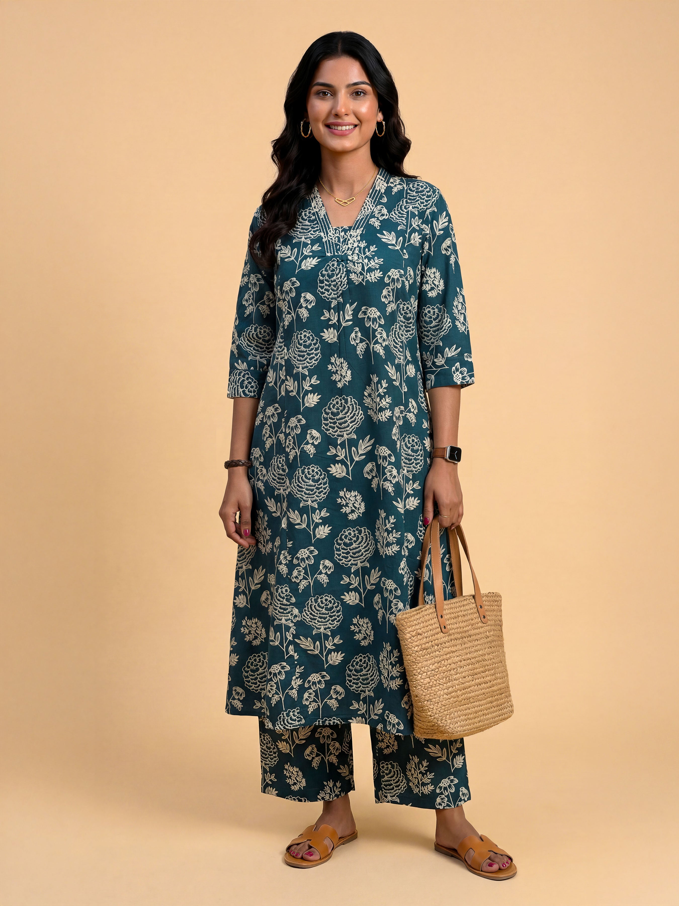 Green Ivory Cotton Printed Flared Kurti Set With Embroidery