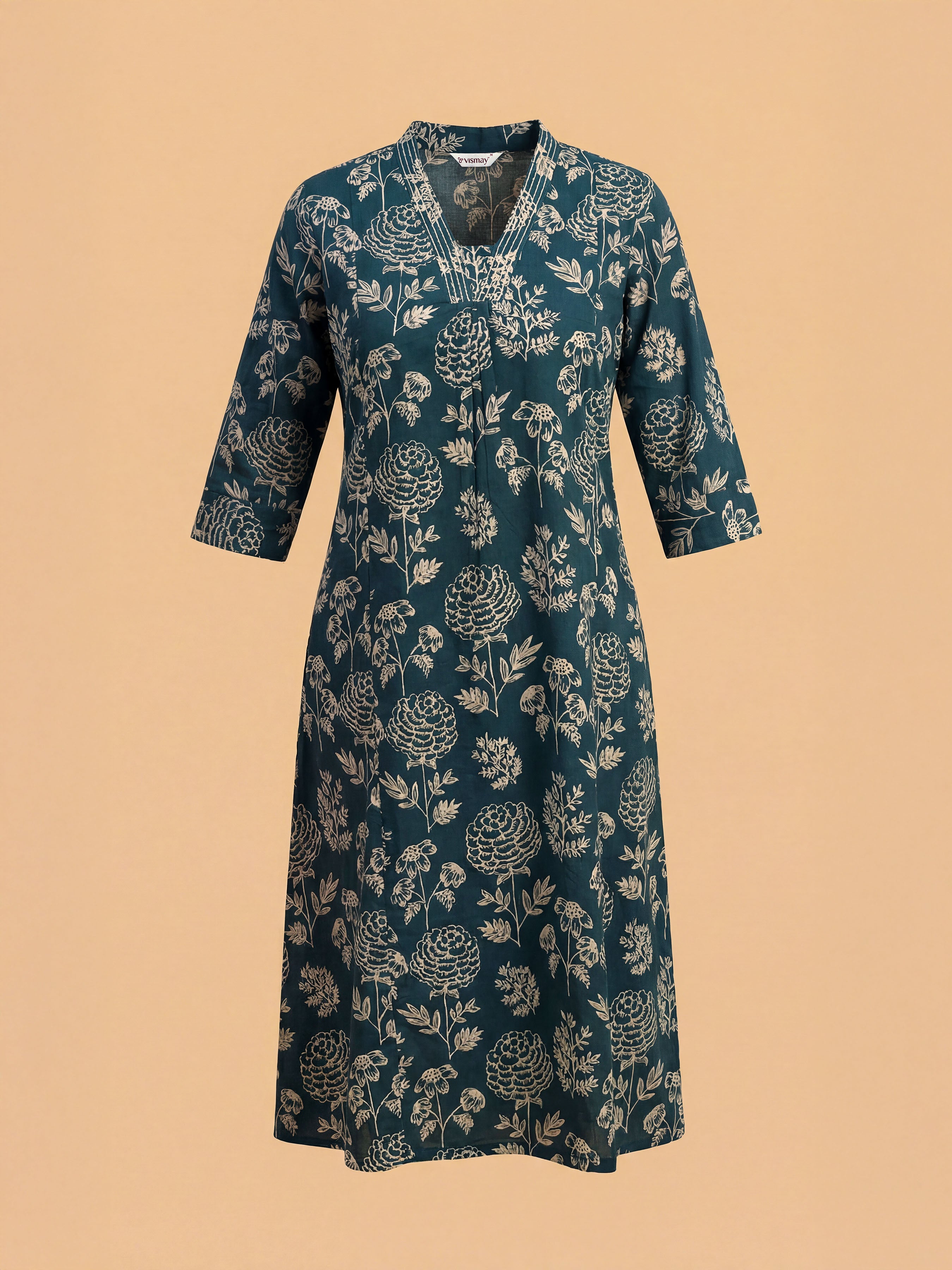 Green Ivory Cotton Printed Flared Kurti Set With Embroidery