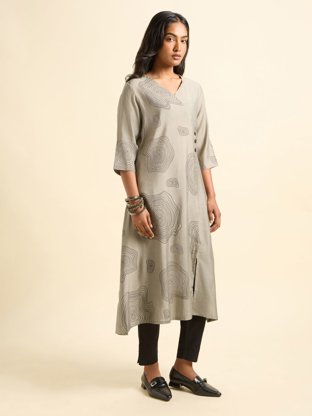 Grey Black Modal Chanderi Printed Flared Angrakha Kurti
