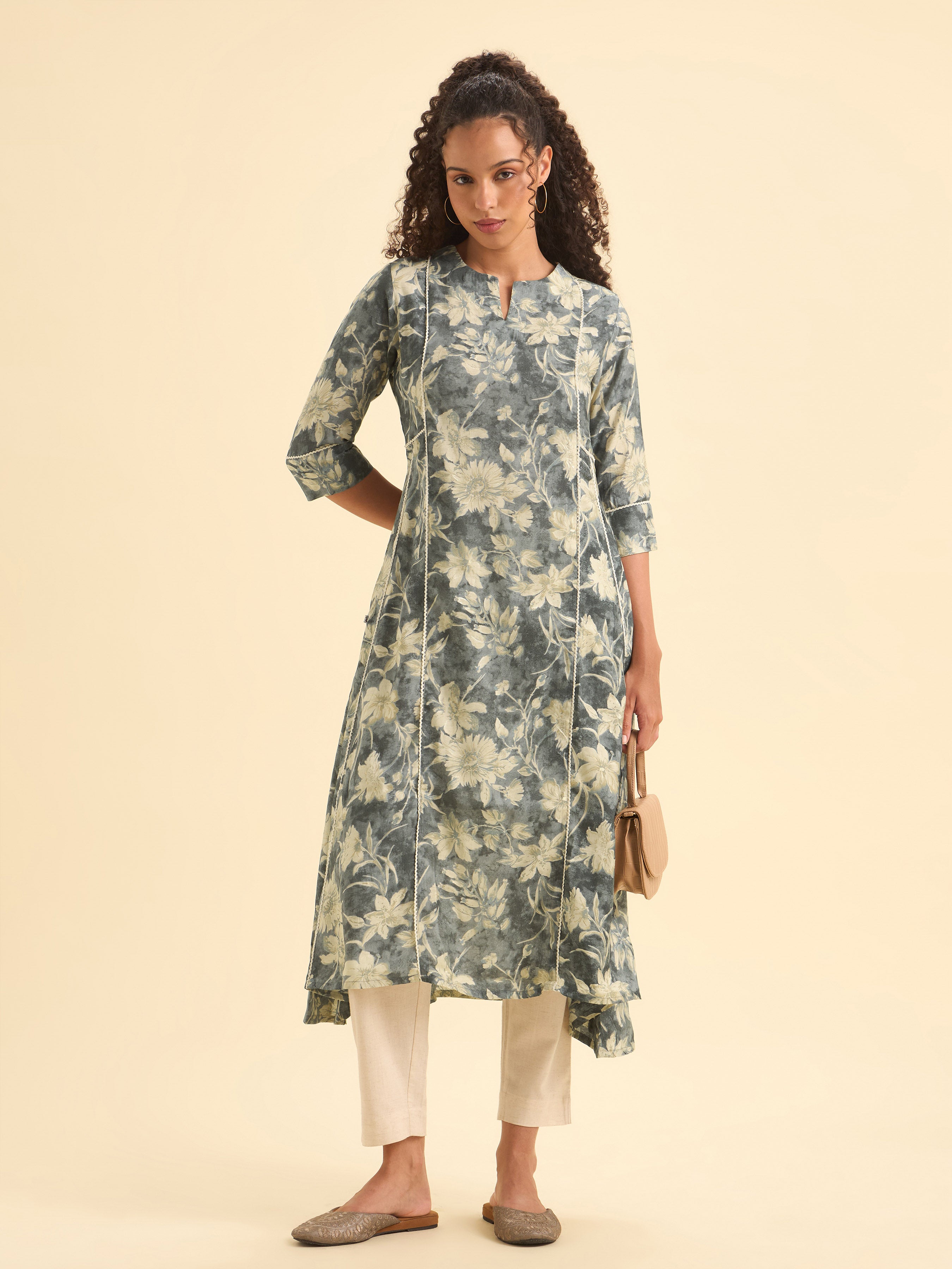 Grey Multi Colour Modal Chanderi Kurti With Lace