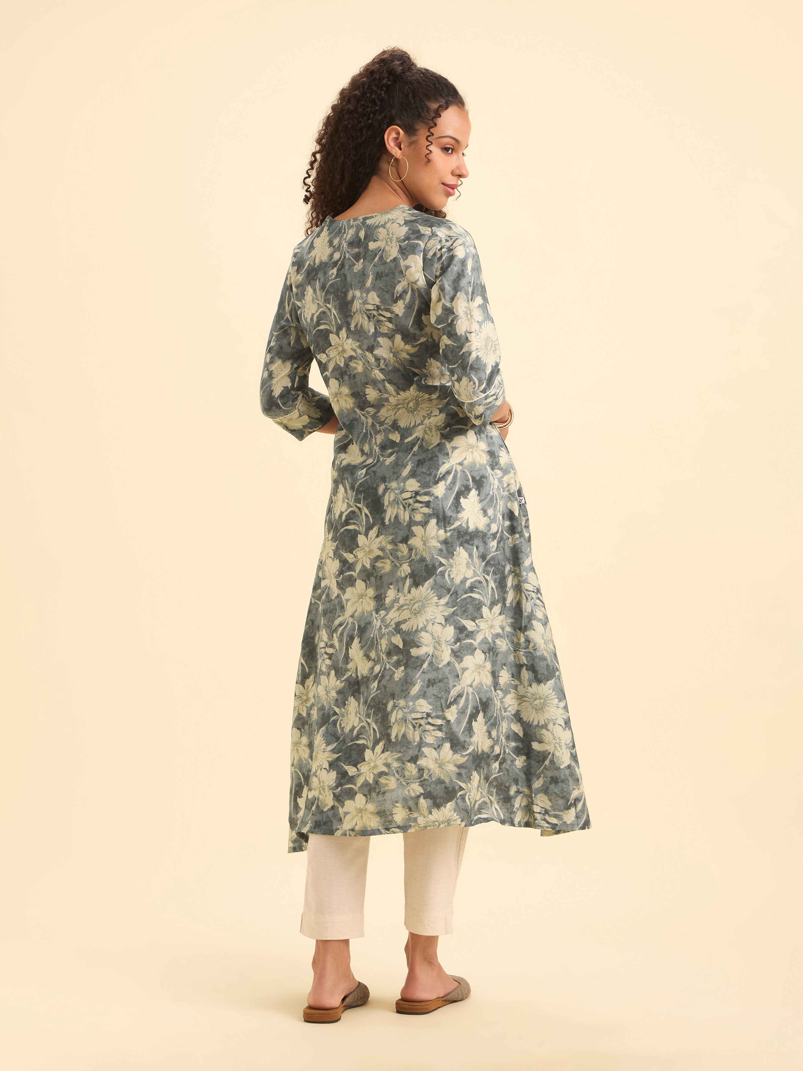 Grey Multi Colour Modal Chanderi Kurti With Lace