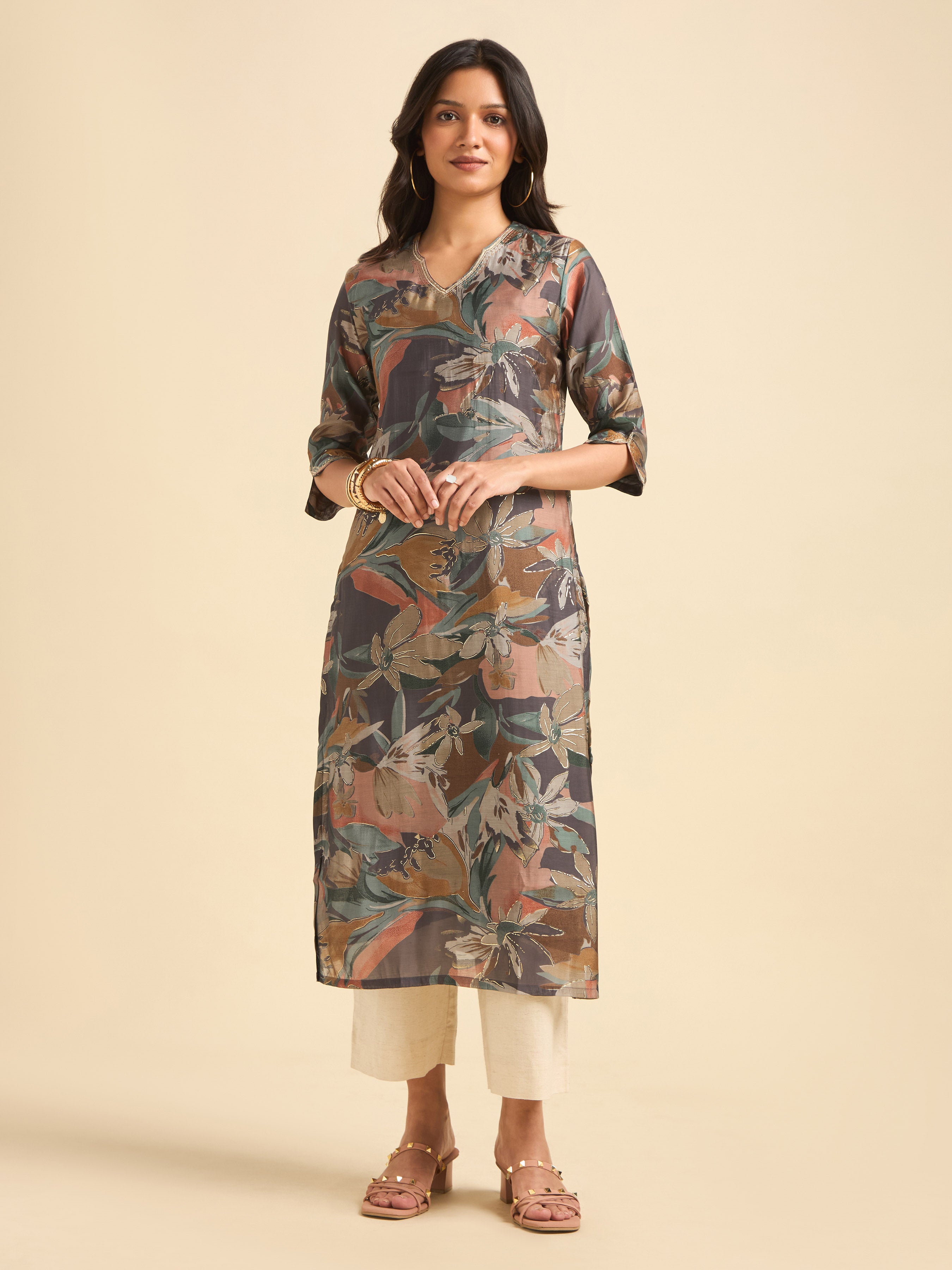 Grey Multi Colour Mull Chanderi Printed Kurti Set With Sequins Embroidery
