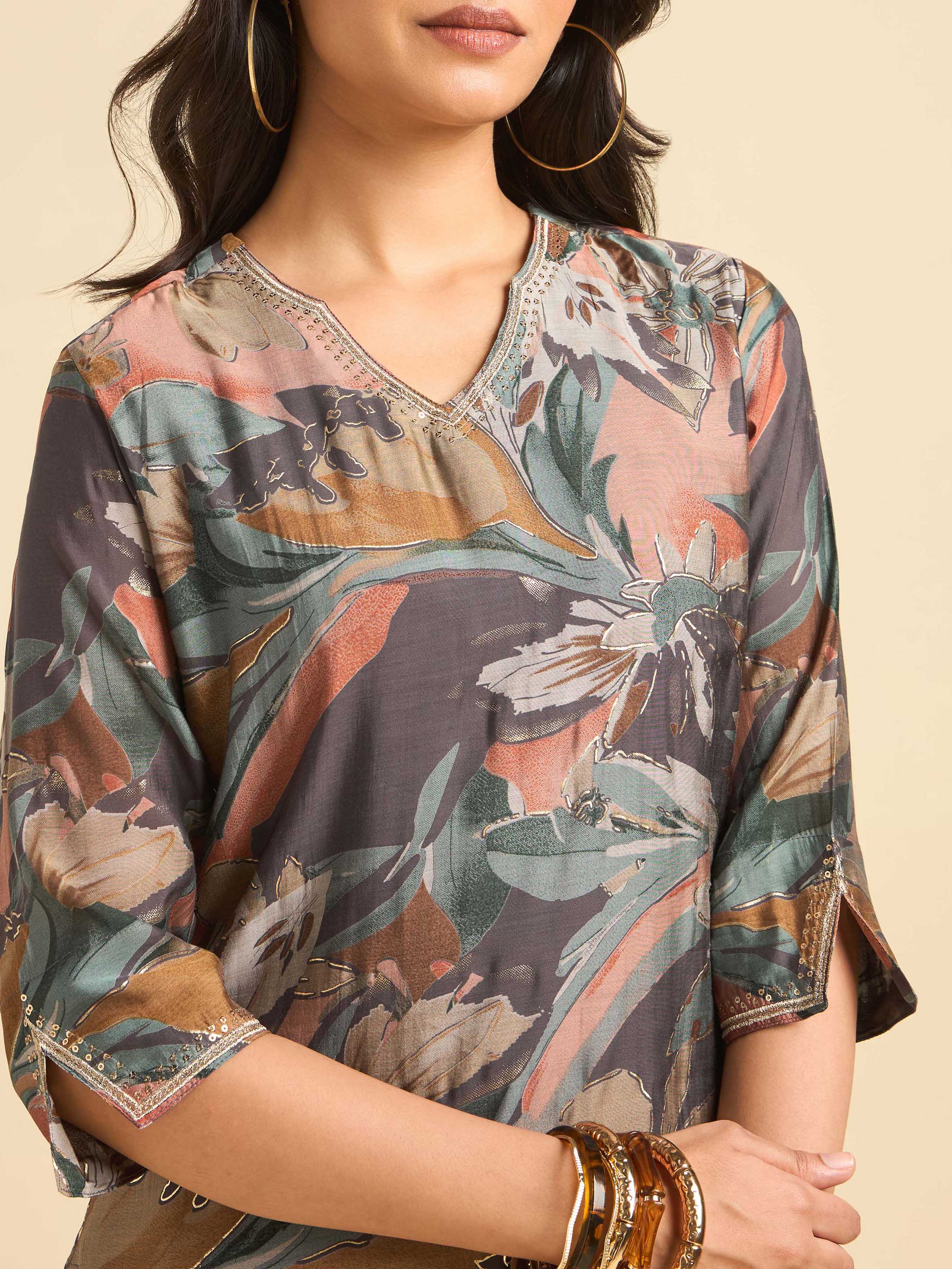 Grey Multi Colour Mull Chanderi Printed Kurti Set With Sequins Embroidery