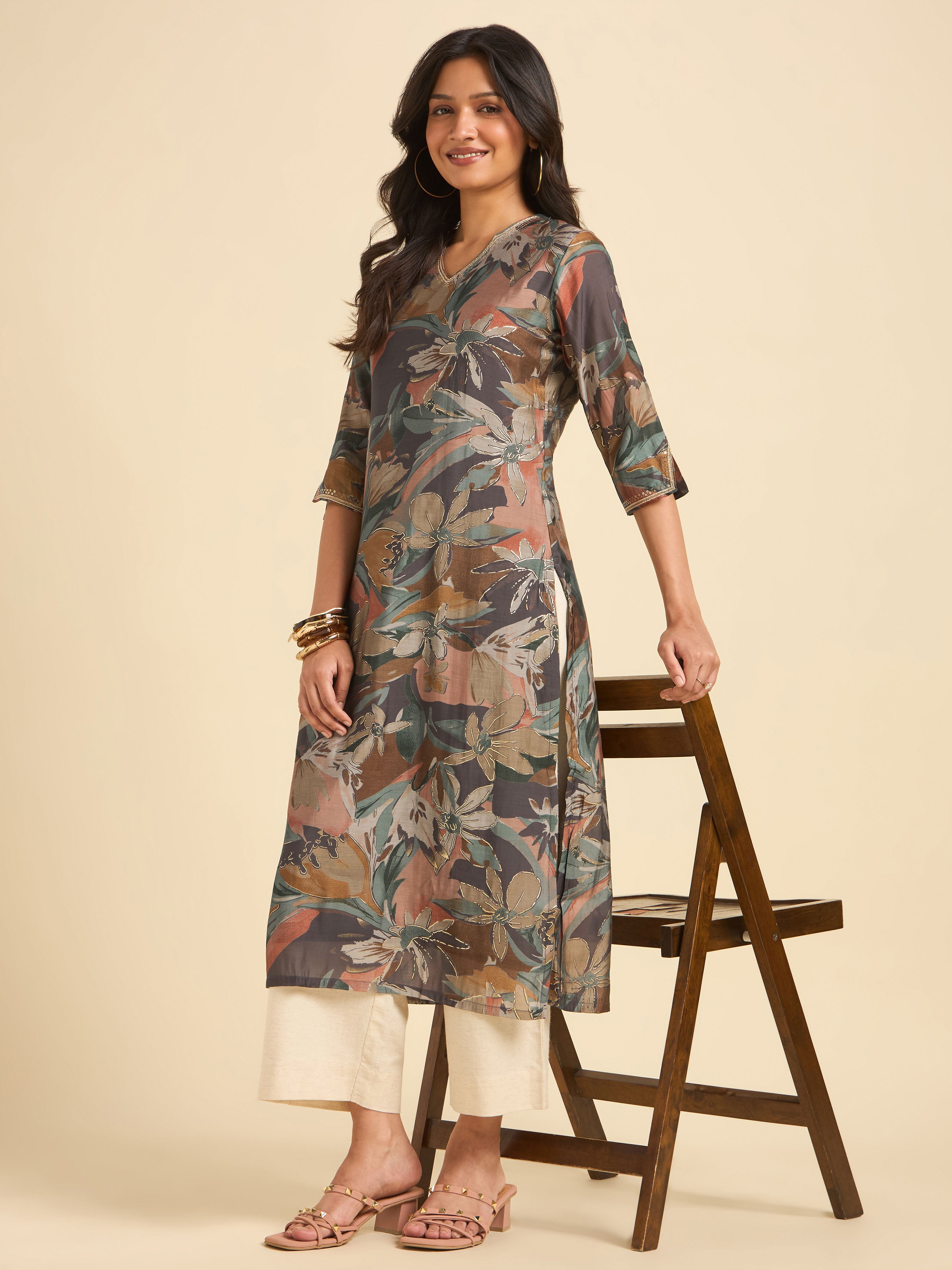 Grey Multi Colour Mull Chanderi Printed Kurti Set With Sequins Embroidery