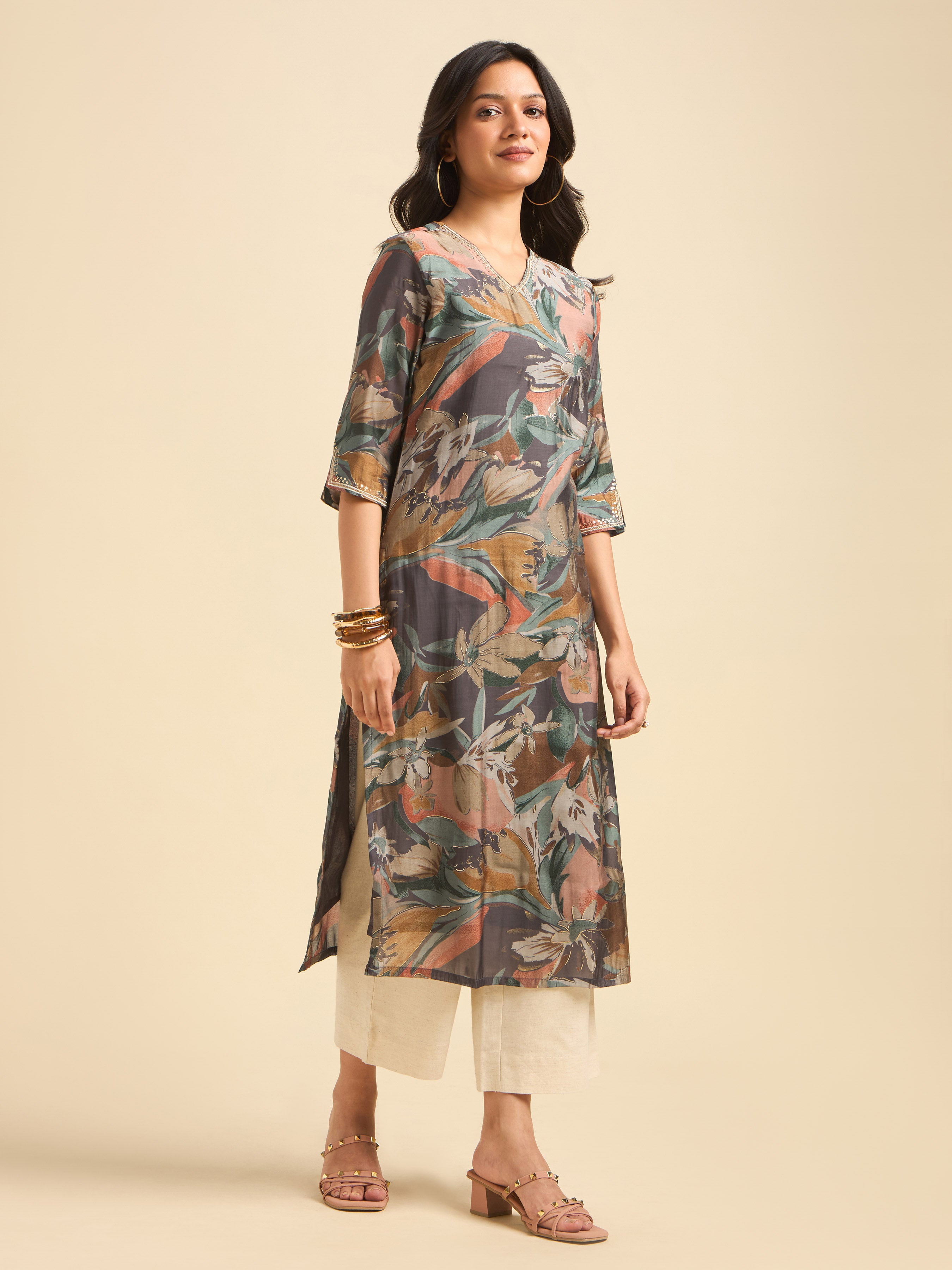 Grey Multi Colour Mull Chanderi Printed Kurti Set With Sequins Embroidery