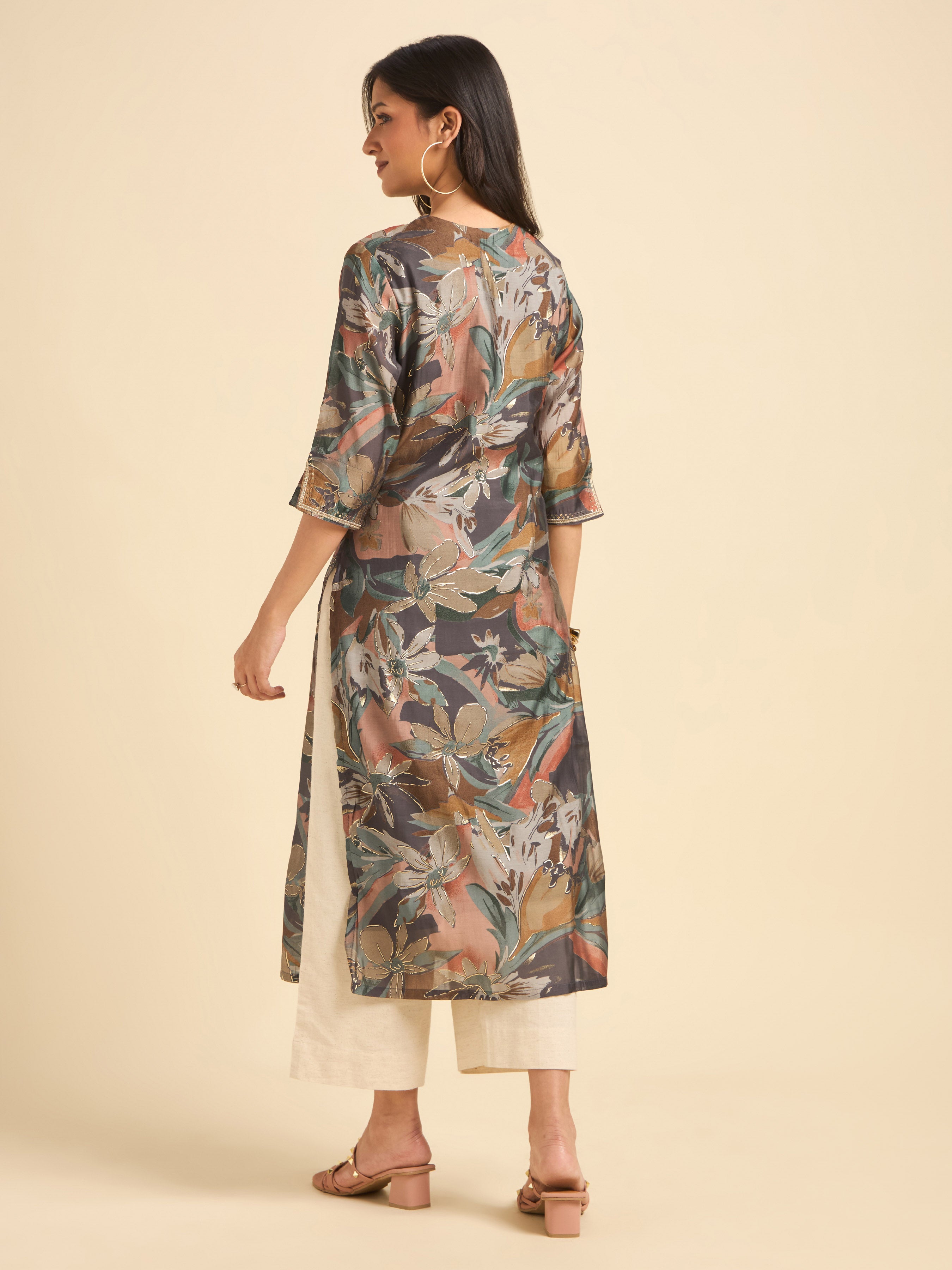 Grey Multi Colour Mull Chanderi Printed Kurti Set With Sequins Embroidery