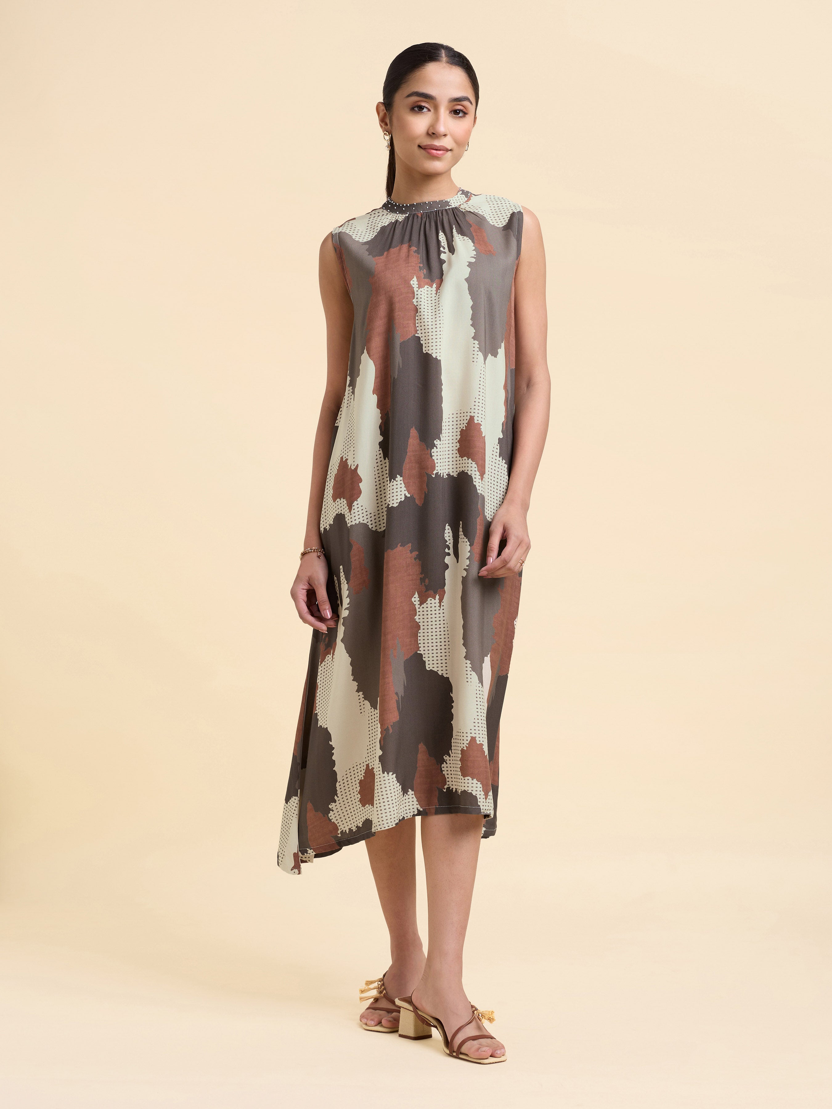 Grey Multicolour Viscose Flared Printed Kurti With Handwork