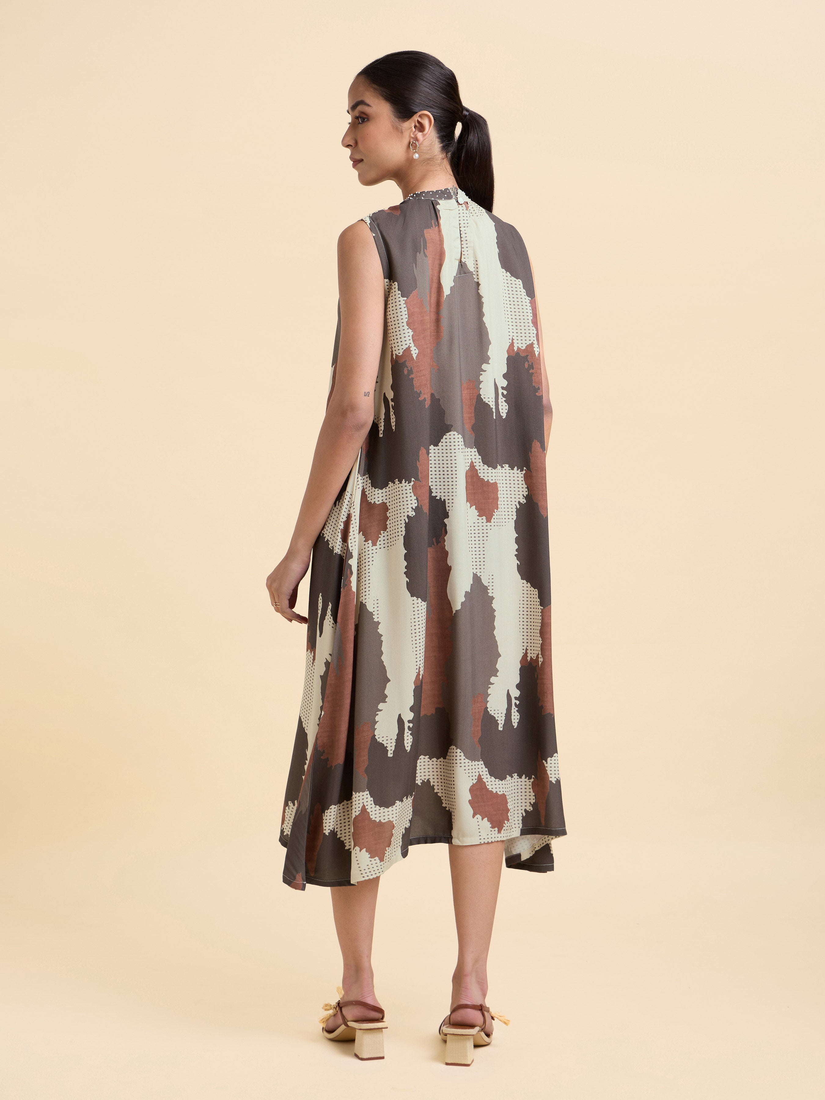 Grey Multicolour Viscose Flared Printed Kurti With Handwork
