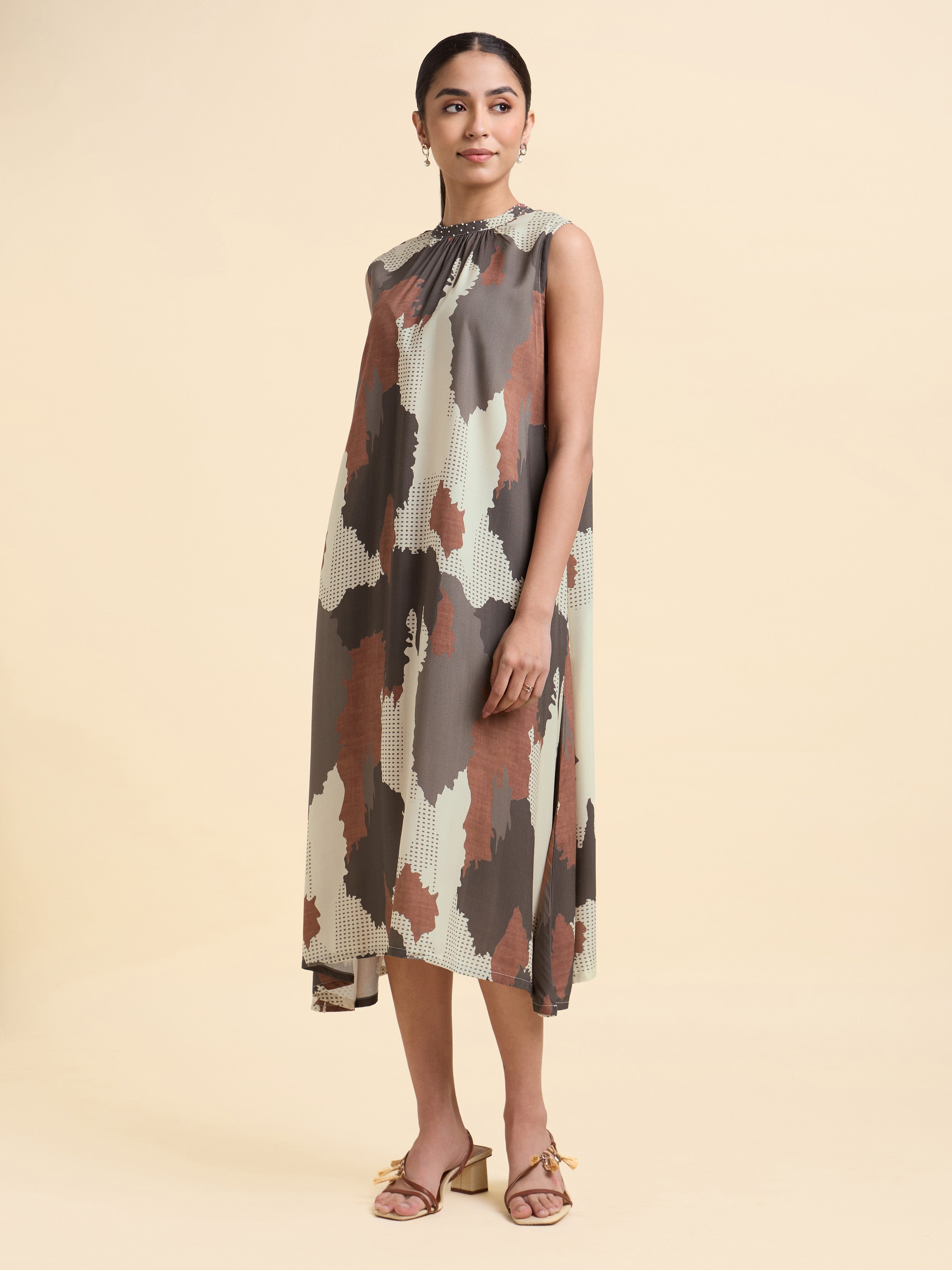 Grey Multicolour Viscose Flared Printed Kurti With Handwork
