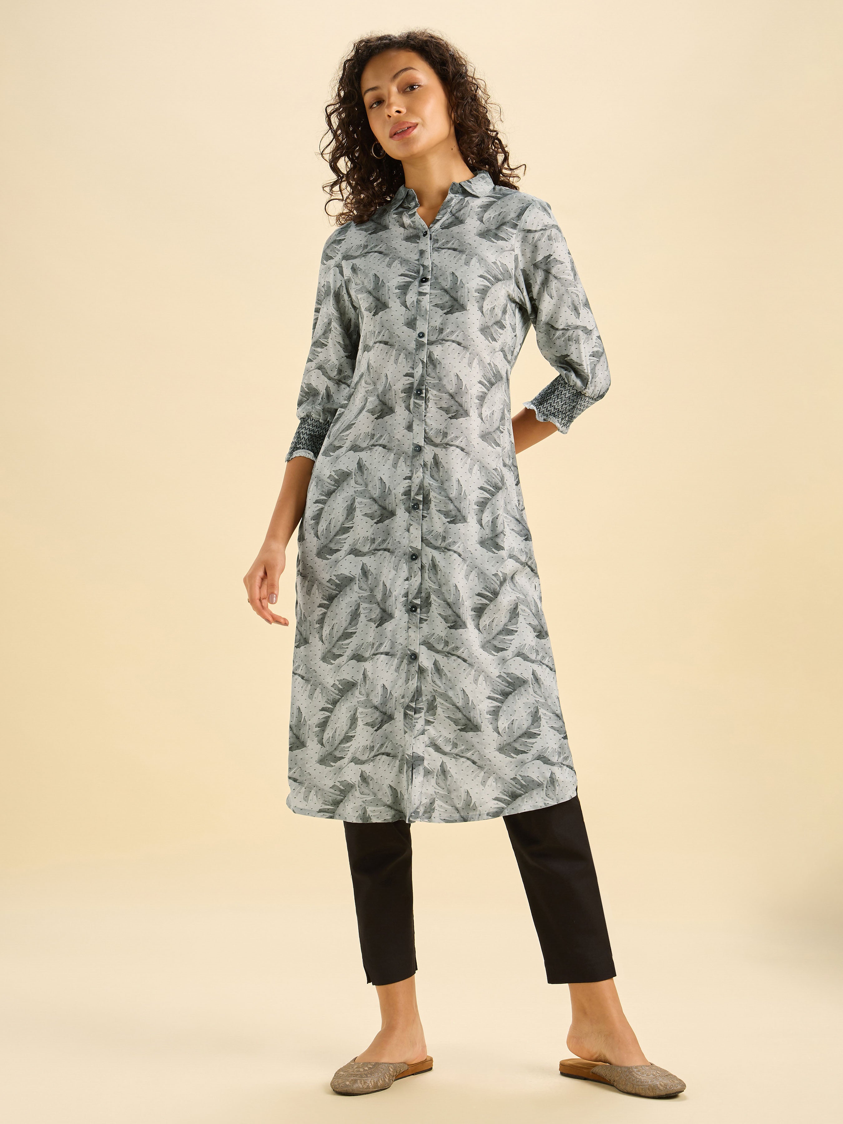 Grey And Black Vicose Printed Slit Kurti With Smocking Embroidery