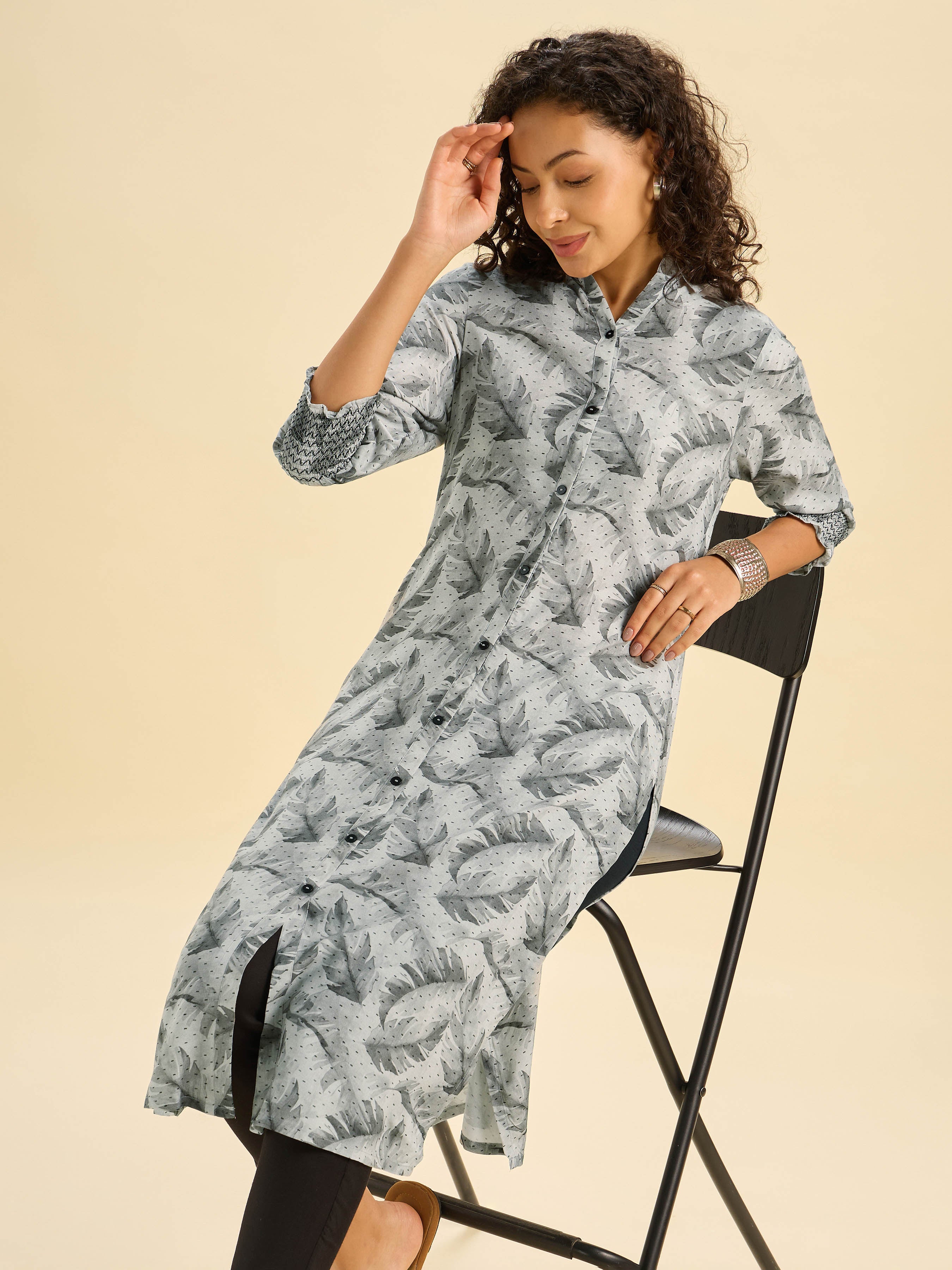 Grey And Black Vicose Printed Slit Kurti With Smocking Embroidery