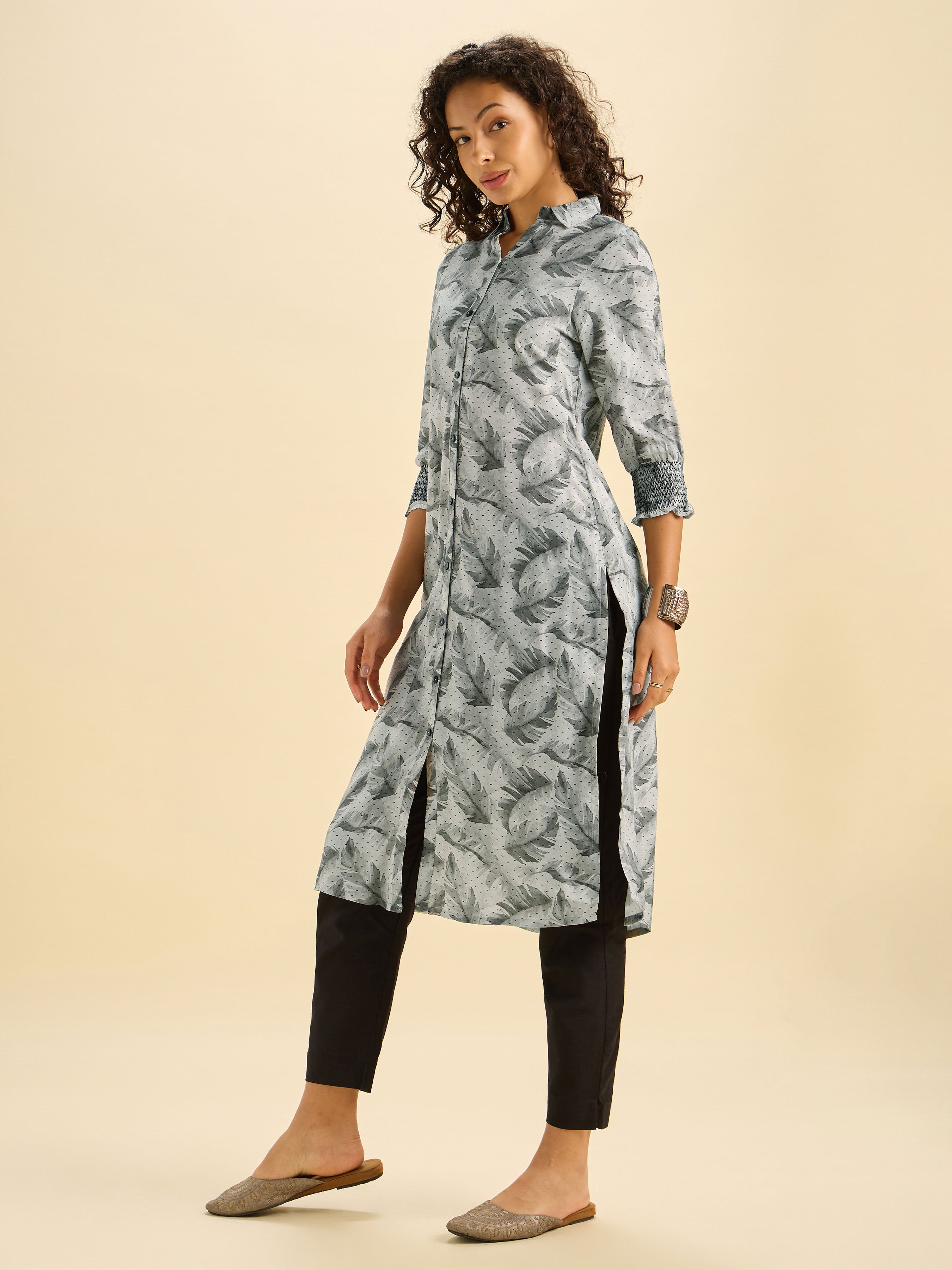 Grey And Black Vicose Printed Slit Kurti With Smocking Embroidery