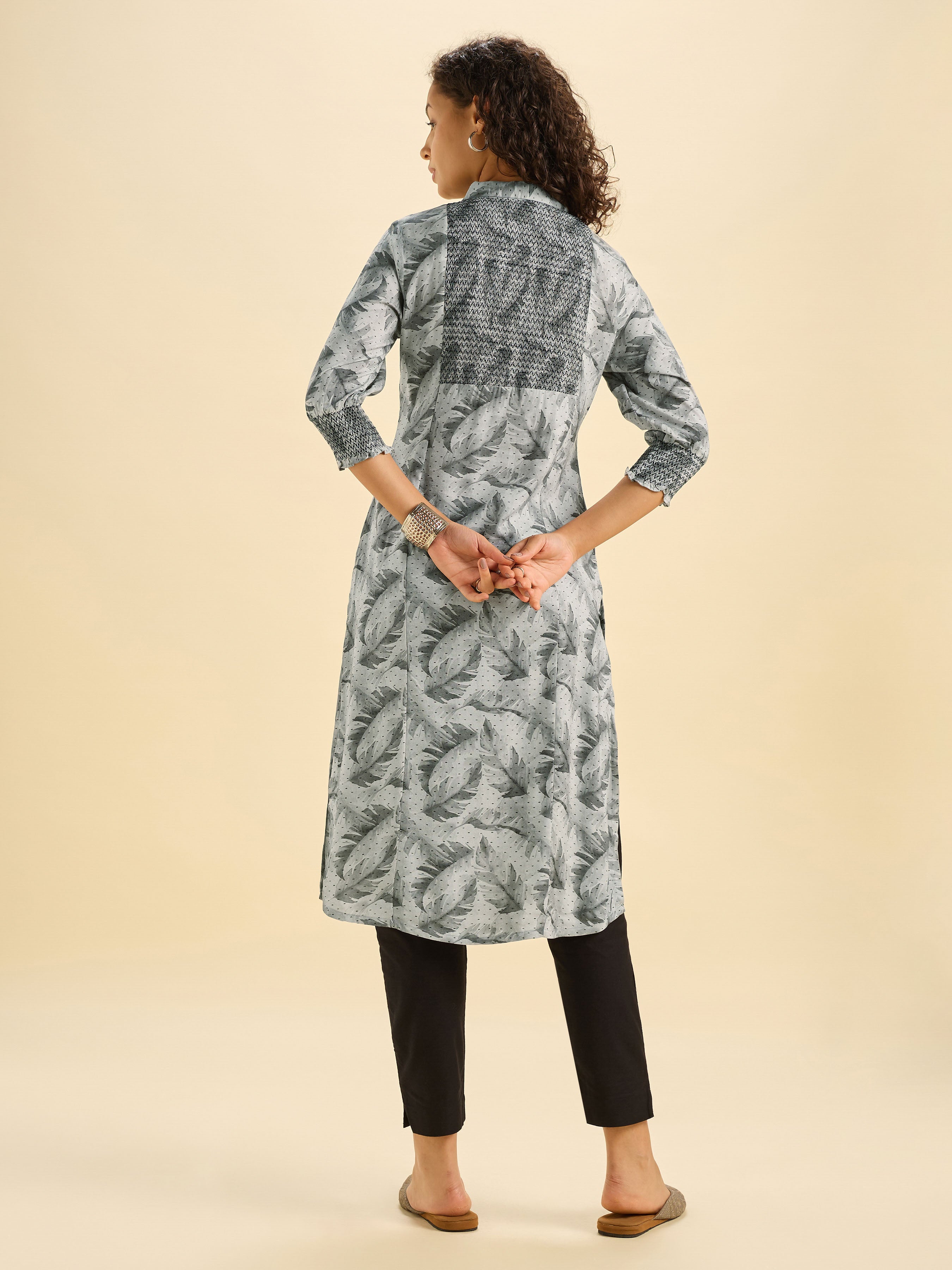 Grey And Black Vicose Printed Slit Kurti With Smocking Embroidery