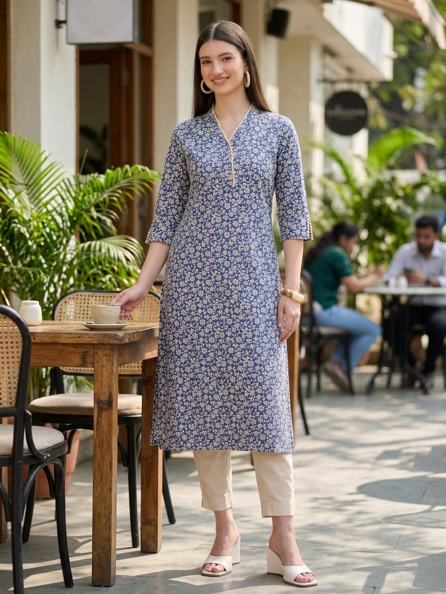 Blue Colour Pure Cotton Printed Kurti With Lace