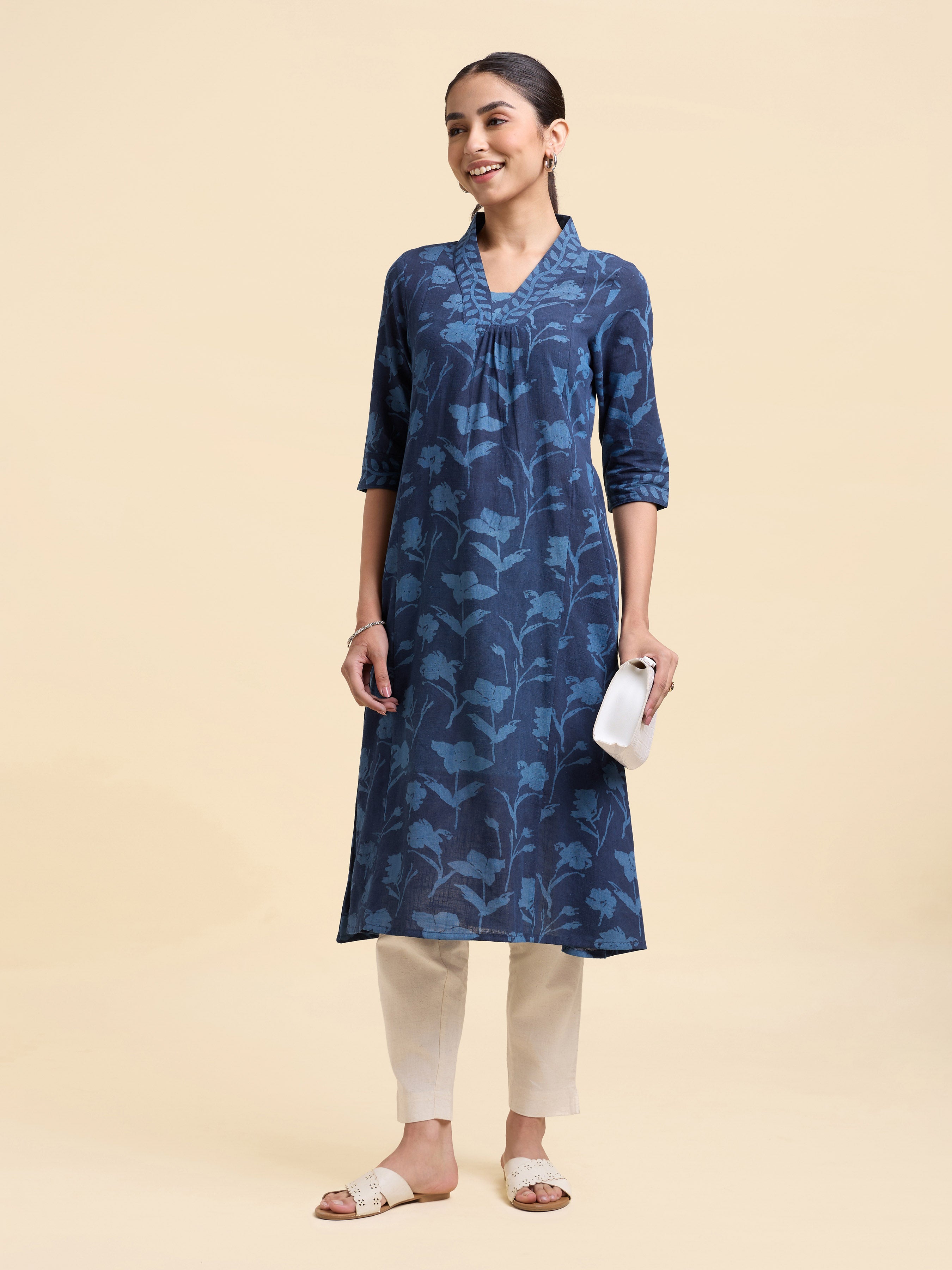 Indigo Cotton Slub Printed Flared Kurti With Centre Panel