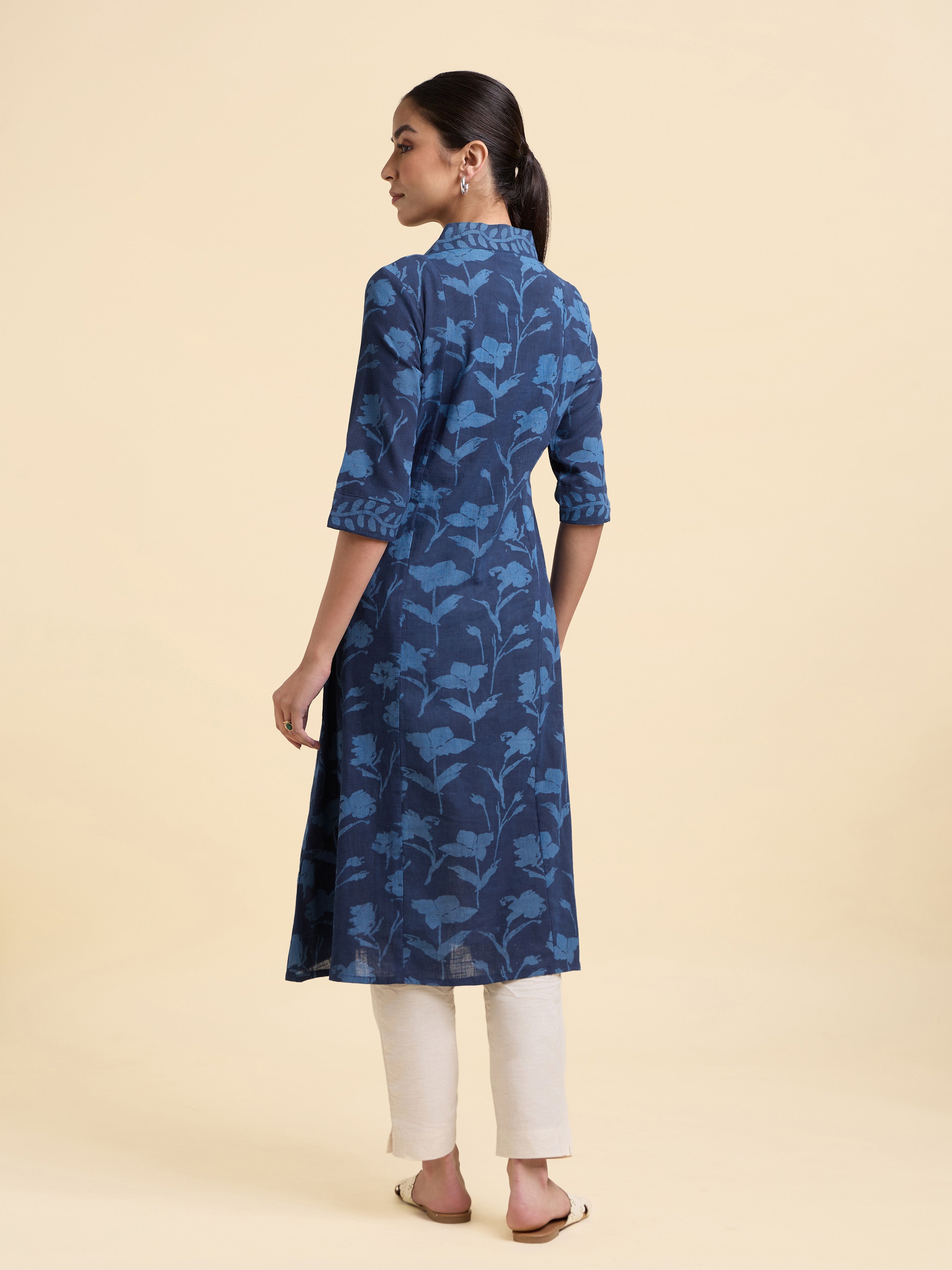 Indigo Cotton Slub Printed Flared Kurti With Centre Panel
