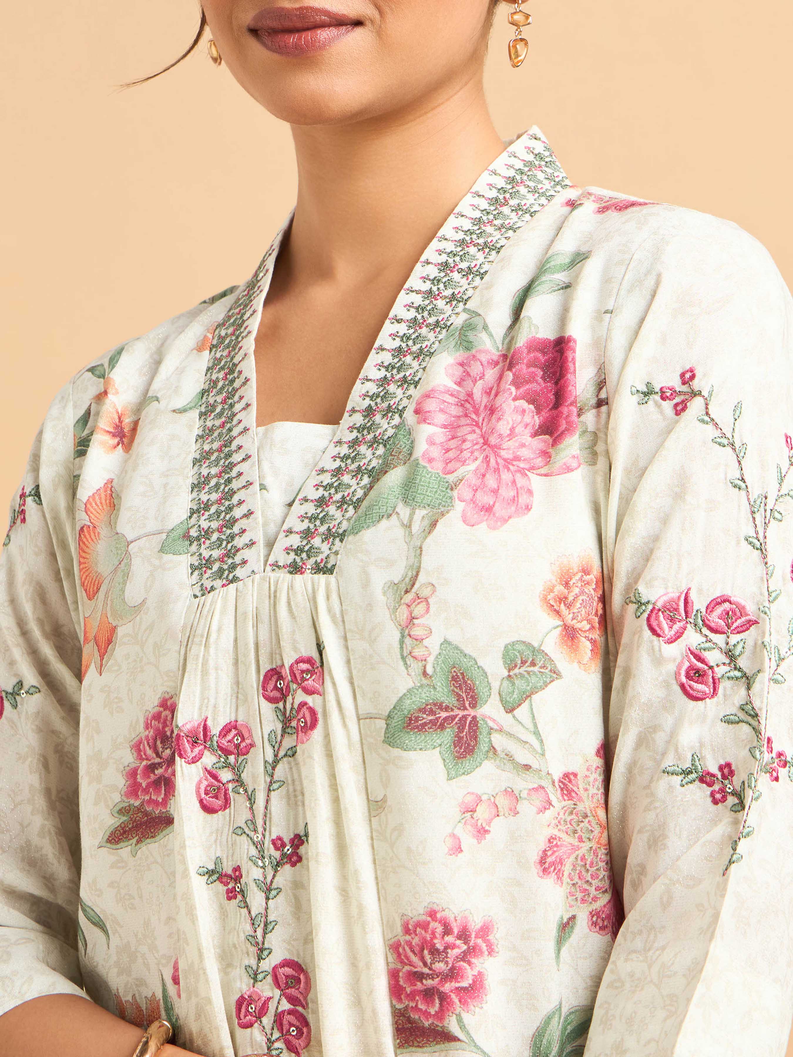 Ivory Multi Colour Poly Viscose Shimmer Print Kurti Set With Embroidery And Sequins Work