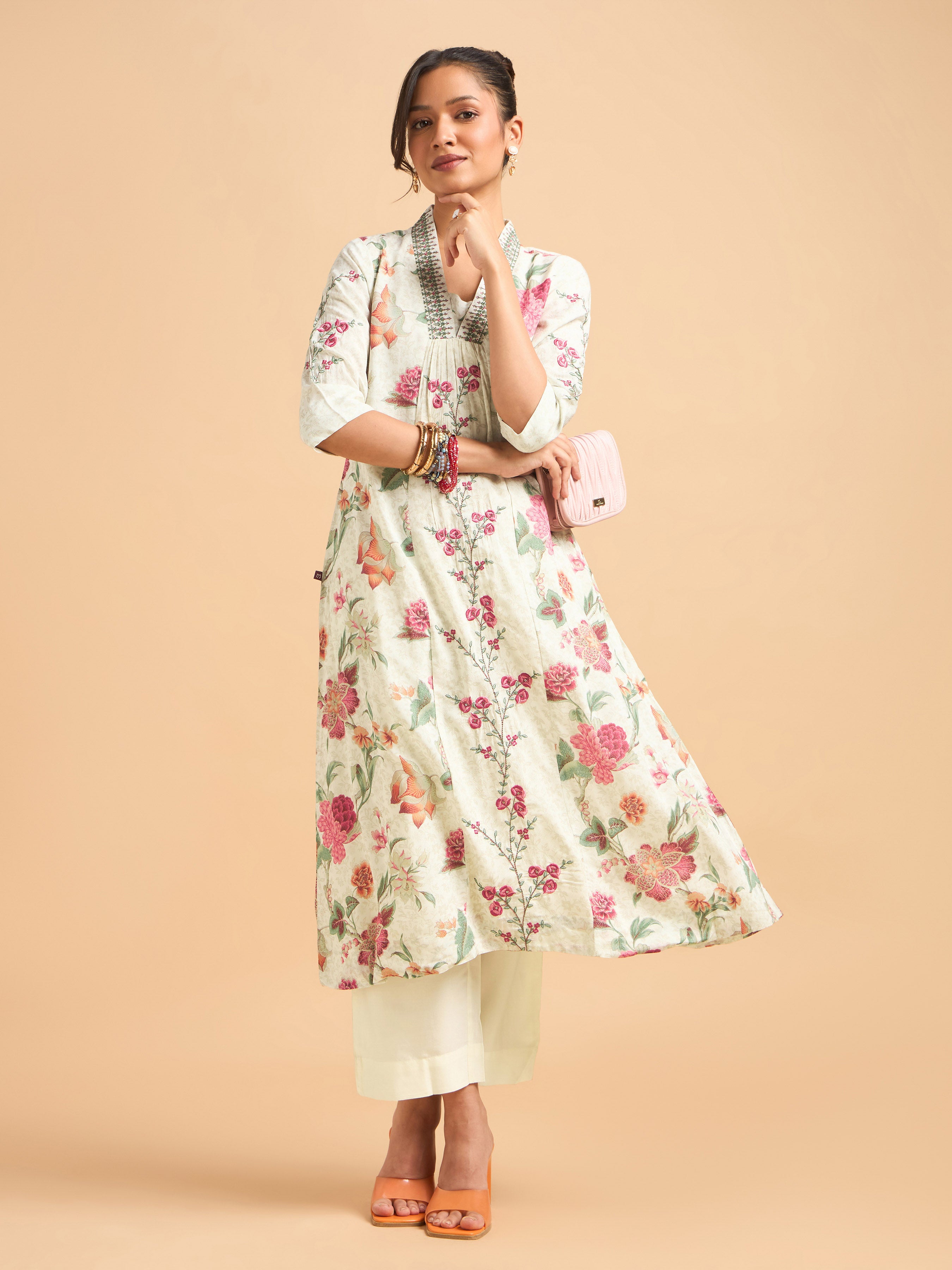 Ivory Multi Colour Poly Viscose Shimmer Print Kurti Set With Embroidery And Sequins Work
