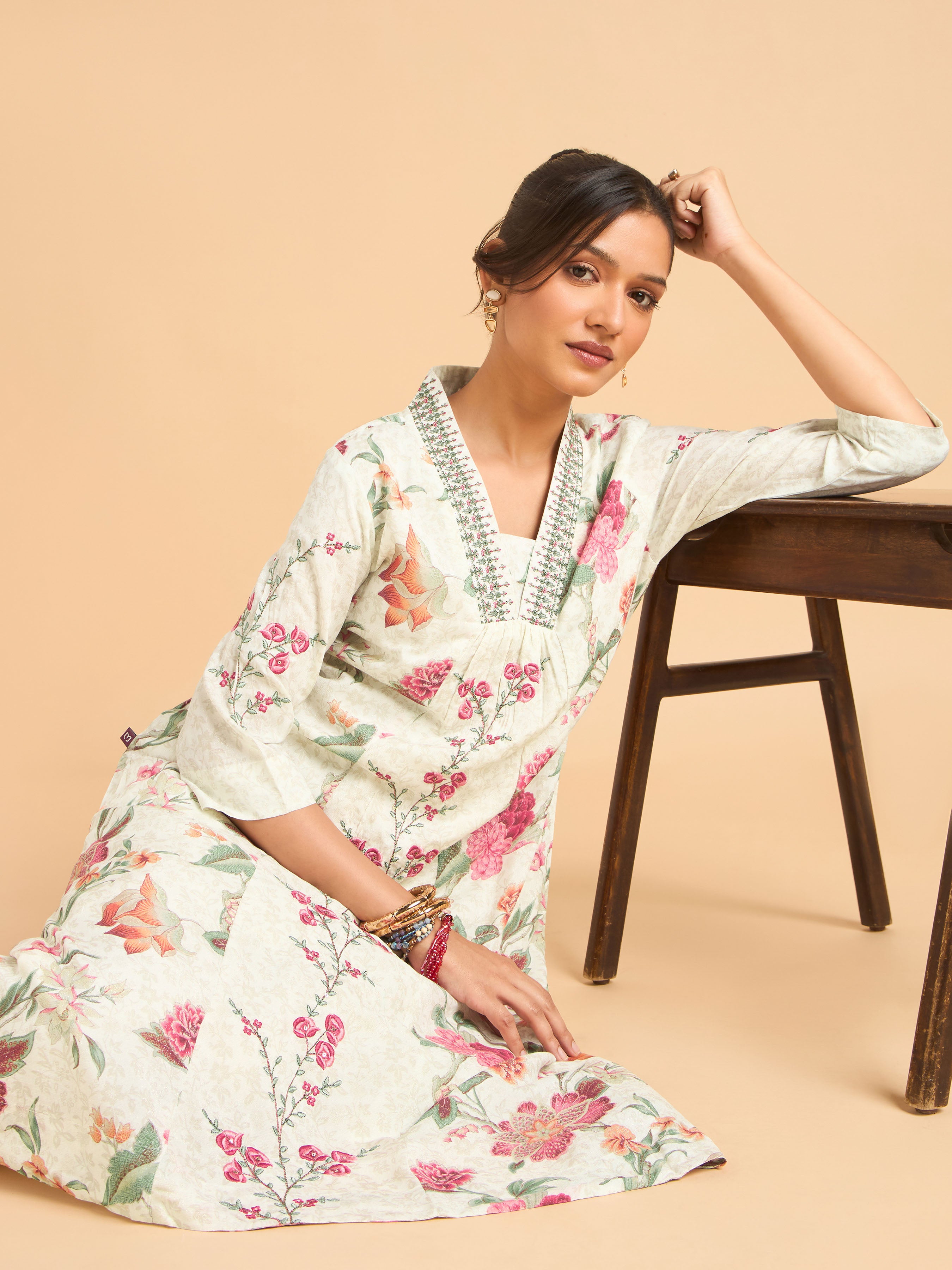 Ivory Multi Colour Poly Viscose Shimmer Print Kurti Set With Embroidery And Sequins Work