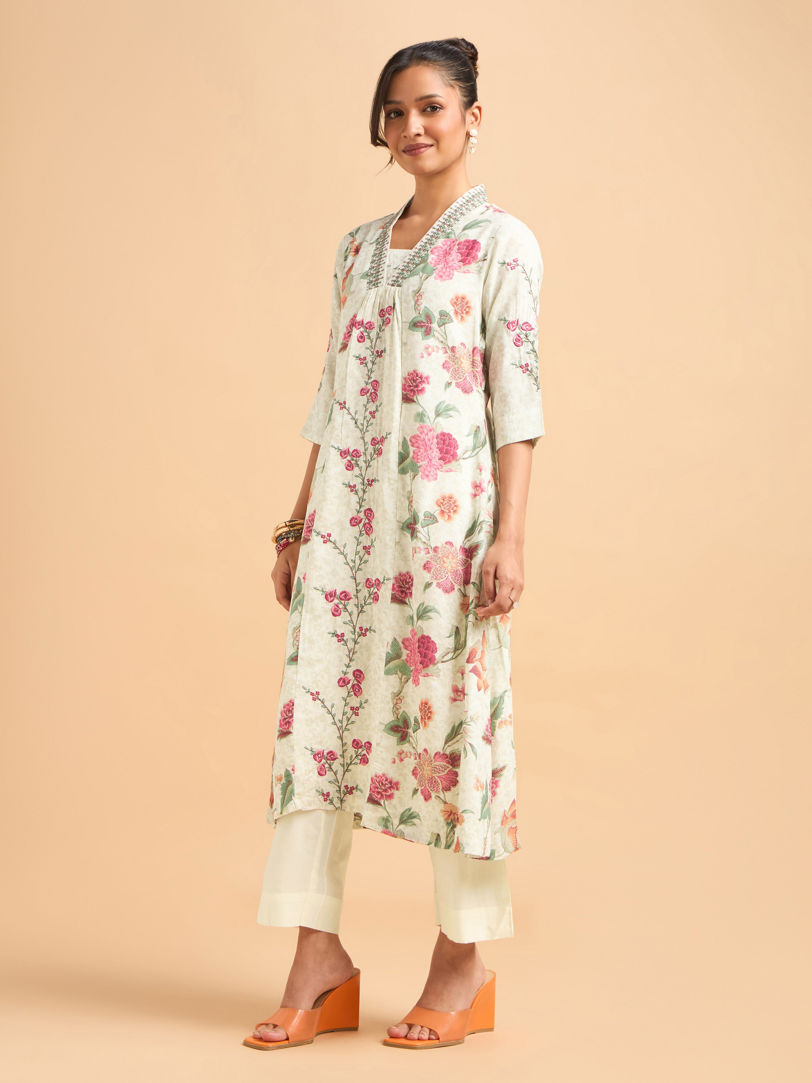 Ivory Multi Colour Poly Viscose Shimmer Print Kurti Set With Embroidery And Sequins Work
