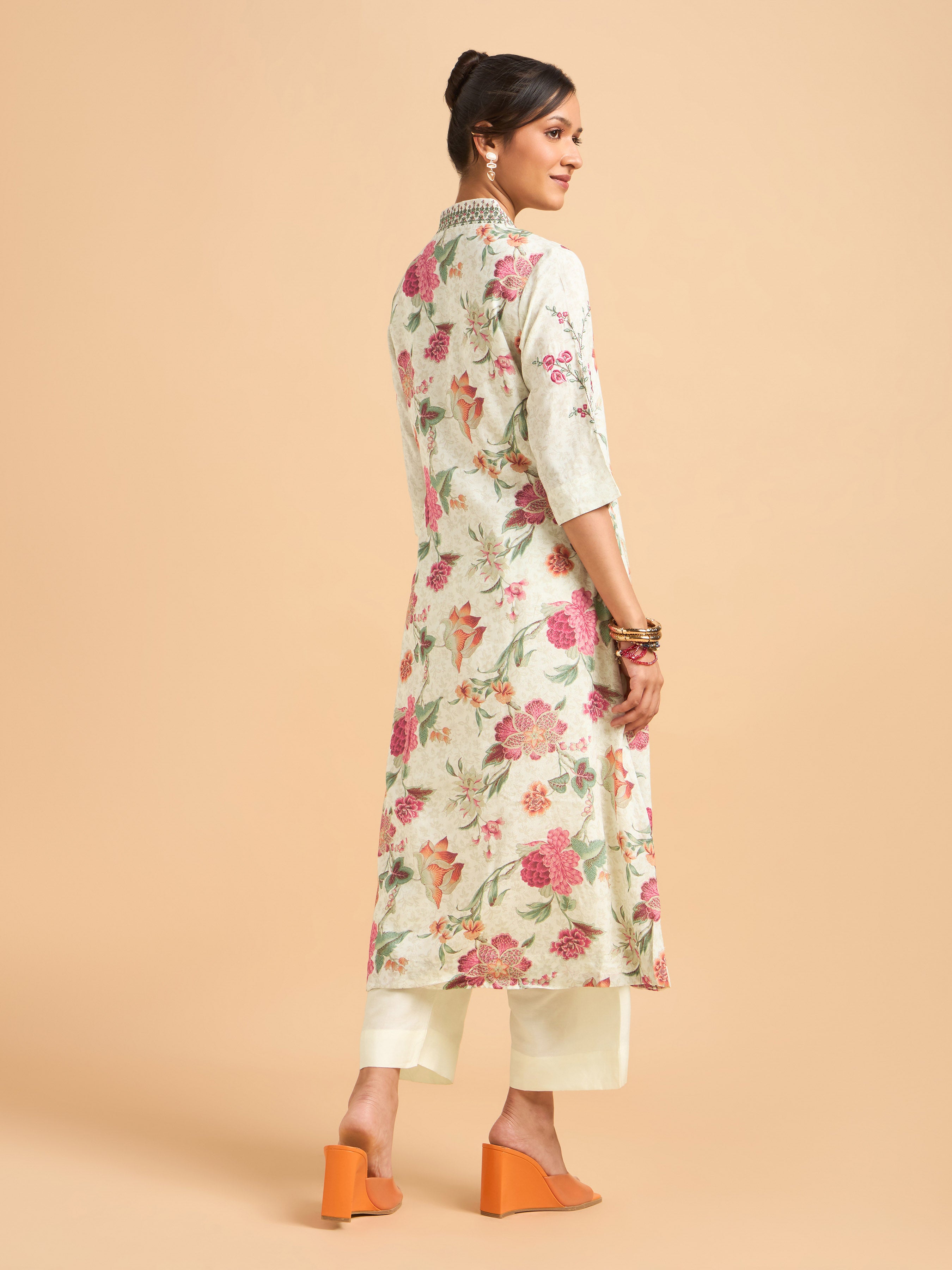 Ivory Multi Colour Poly Viscose Shimmer Print Kurti Set With Embroidery And Sequins Work