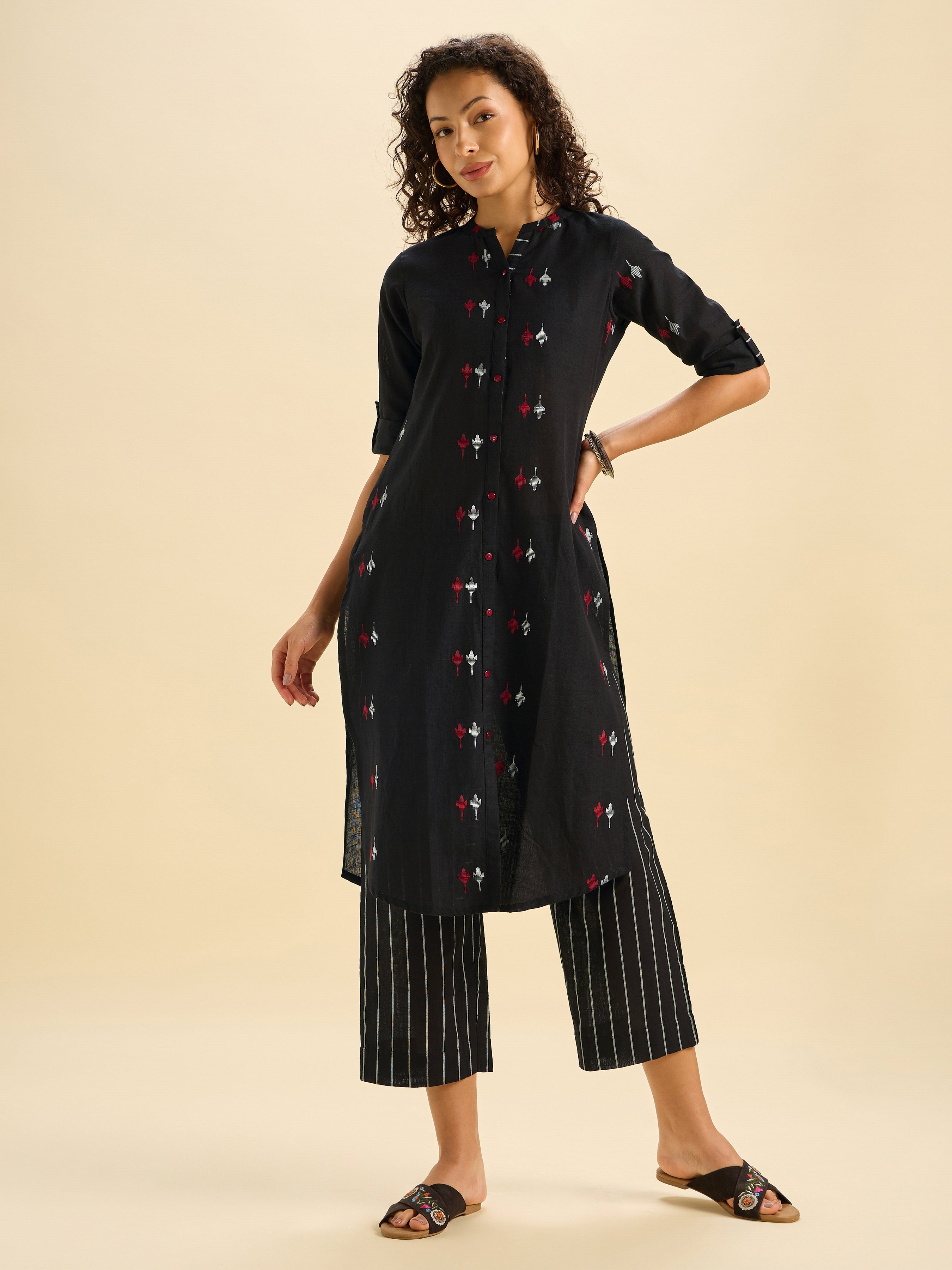 Black Multi Colour Cotton Dobby Plain Slitted Kurti Set With Liberty Cut