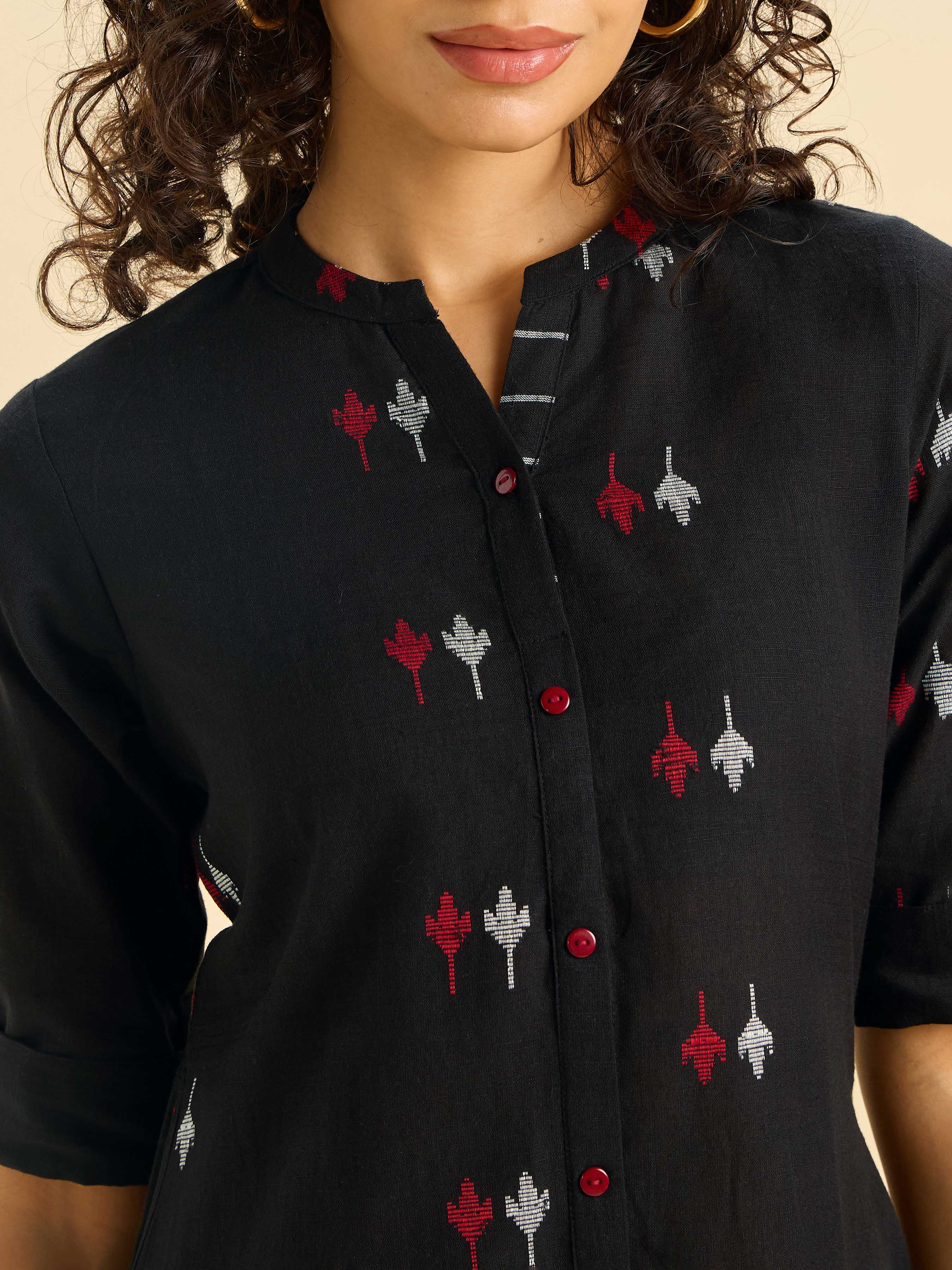 Black Multi Colour Cotton Dobby Plain Slitted Kurti Set With Liberty Cut