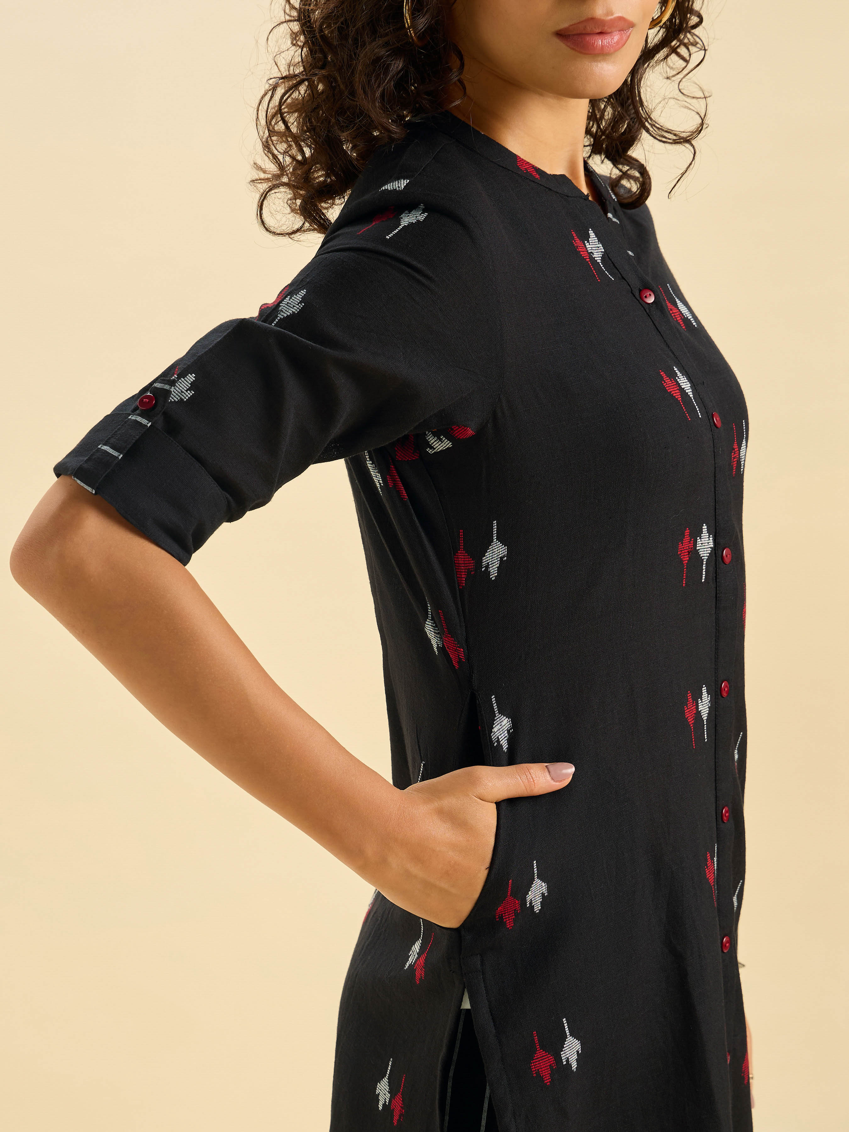 Black Multi Colour Cotton Dobby Plain Slitted Kurti Set With Liberty Cut