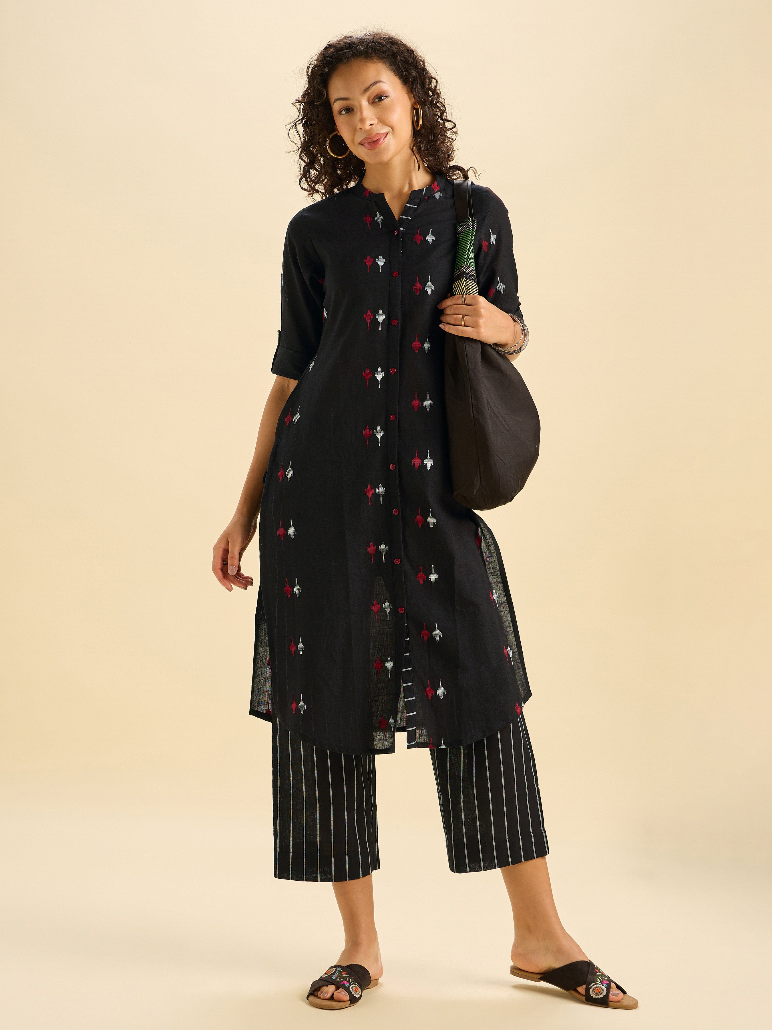 Black Multi Colour Cotton Dobby Plain Slitted Kurti Set With Liberty Cut