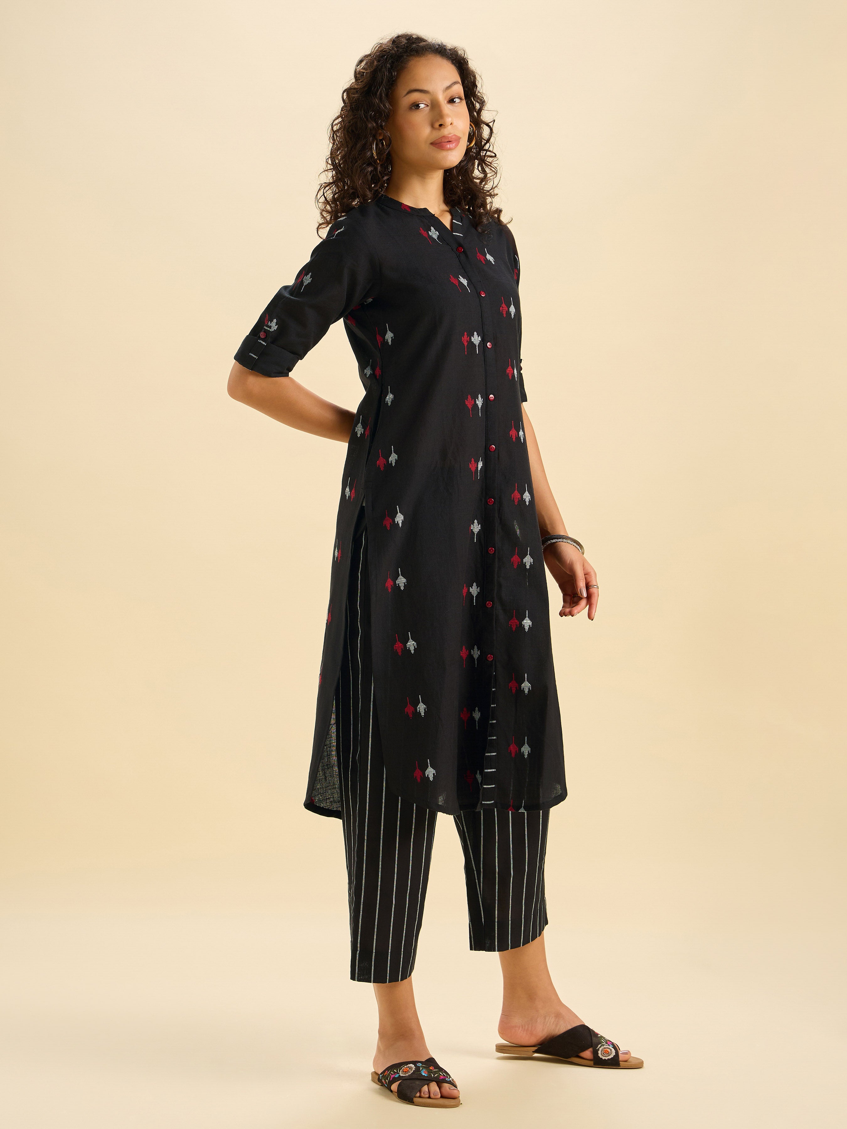 Black Multi Colour Cotton Dobby Plain Slitted Kurti Set With Liberty Cut