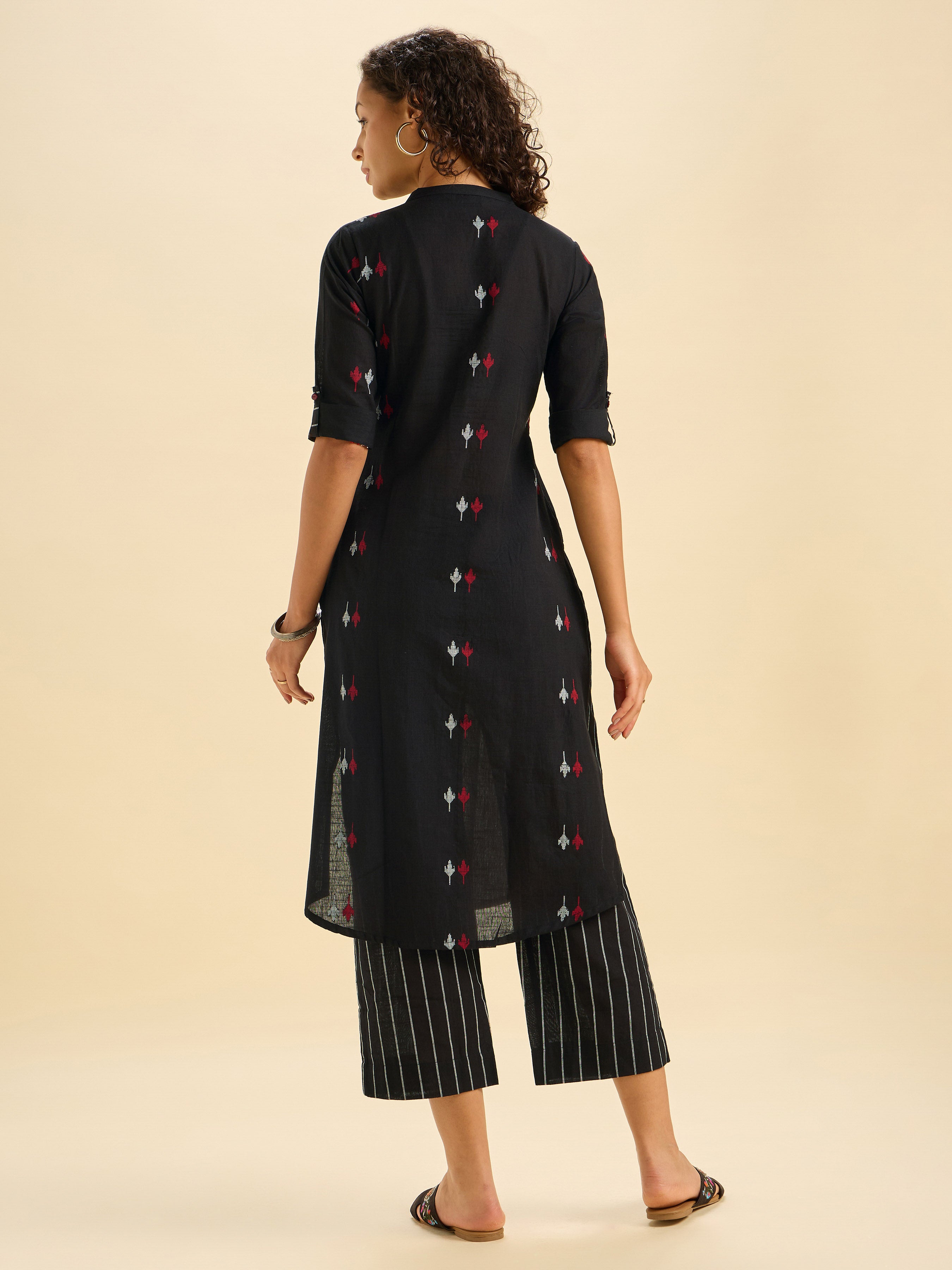 Black Multi Colour Cotton Dobby Plain Slitted Kurti Set With Liberty Cut