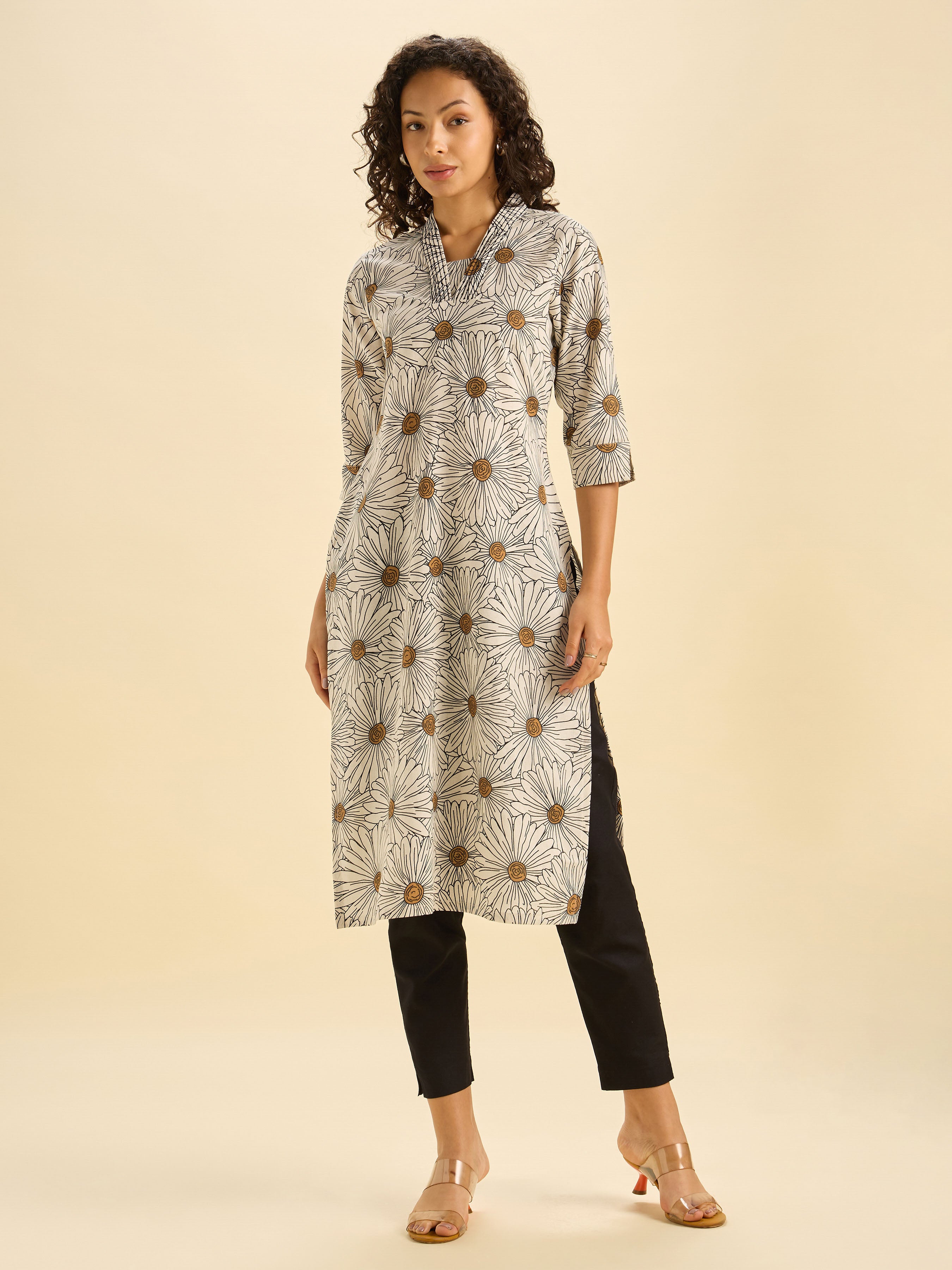 Ivory Black Cotton Flax Printed Slited Kurti With Sequins Work