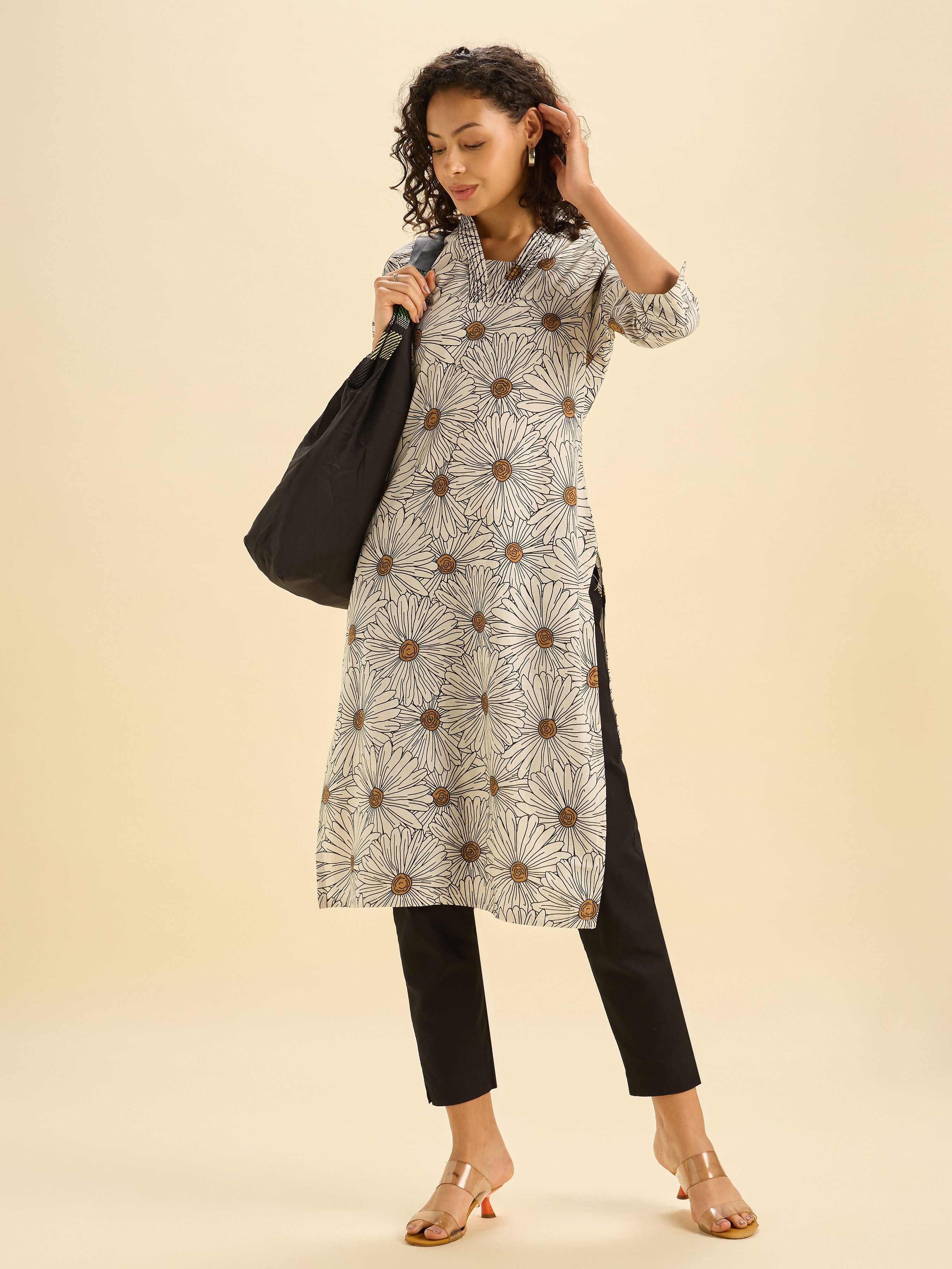 Ivory Black Cotton Flax Printed Slited Kurti With Sequins Work