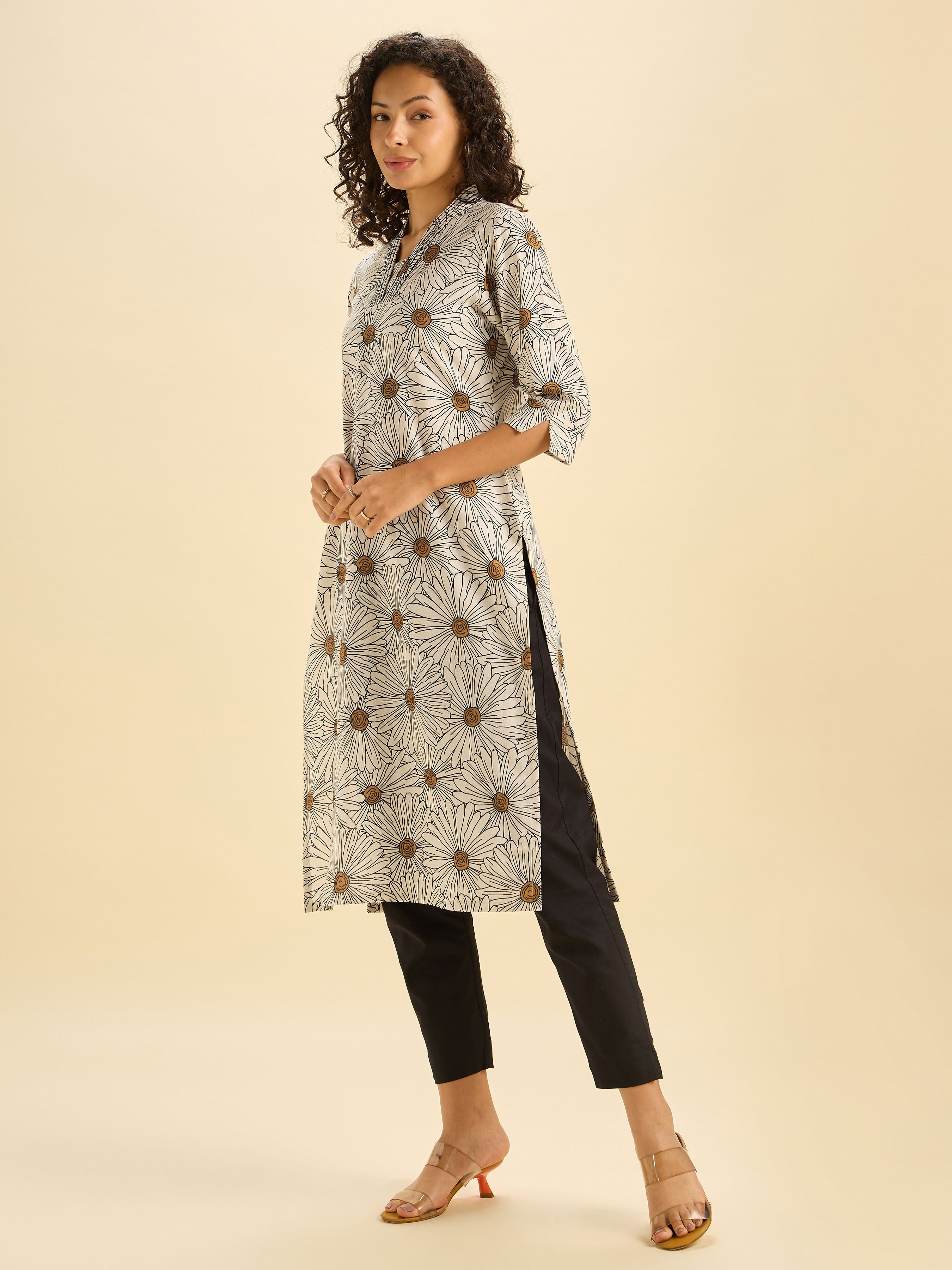 Ivory Black Cotton Flax Printed Slited Kurti With Sequins Work