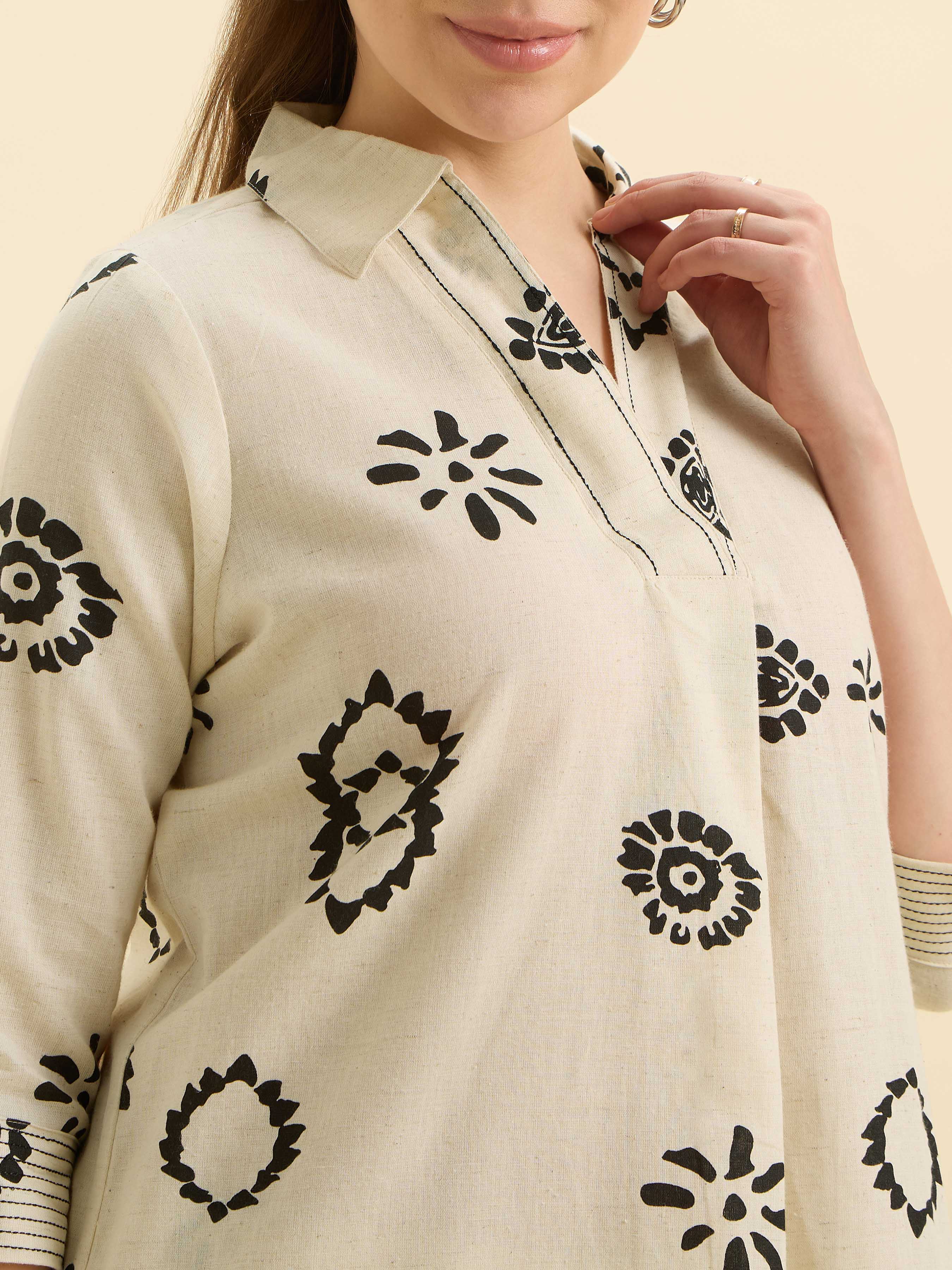 Ivory Black Cotton Flax Printed Tunic Set With Knife Pleat And Embroidery