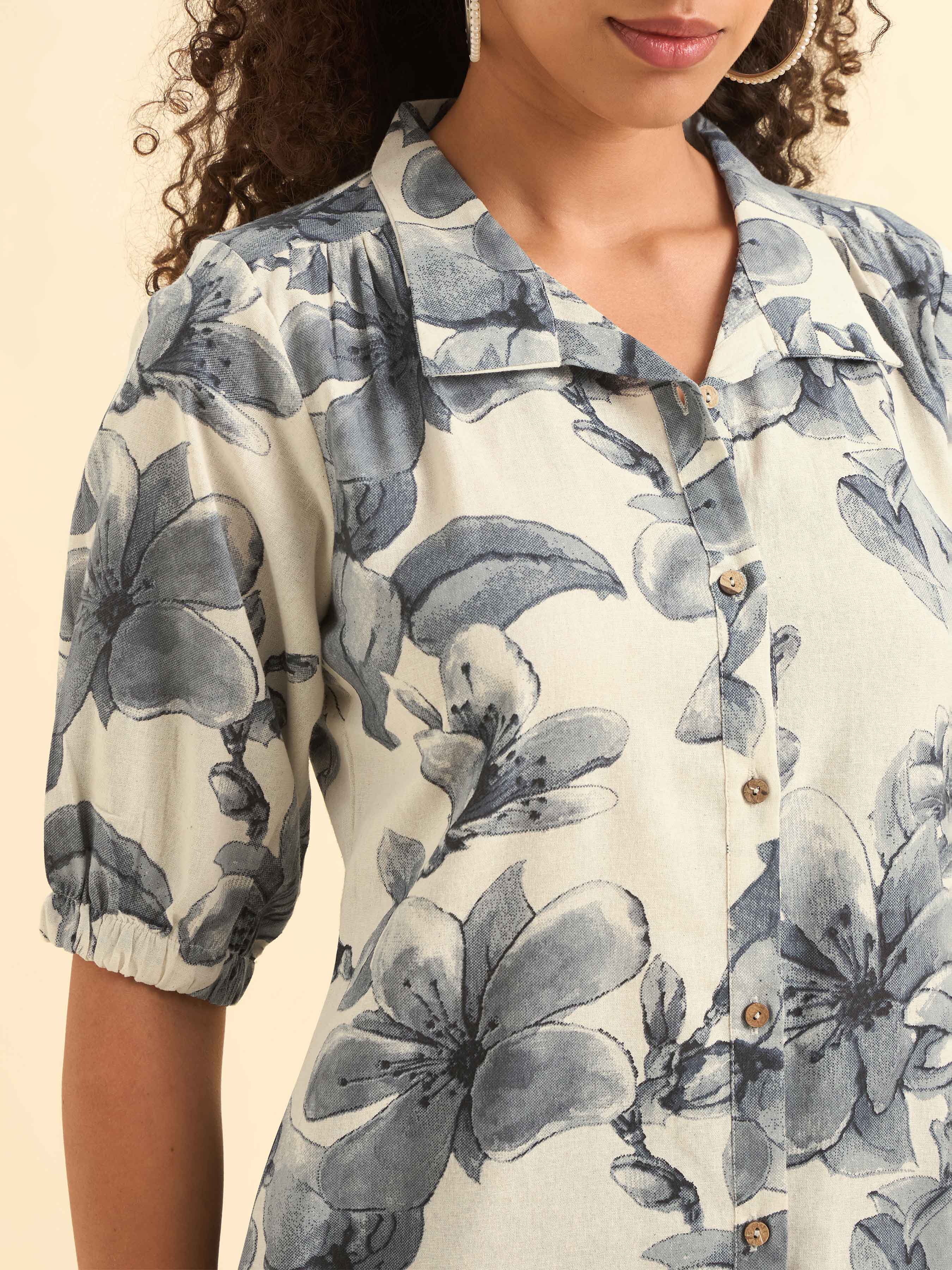 Ivory Blue Cotton Flax Printed Slited Kurti With Full Placket