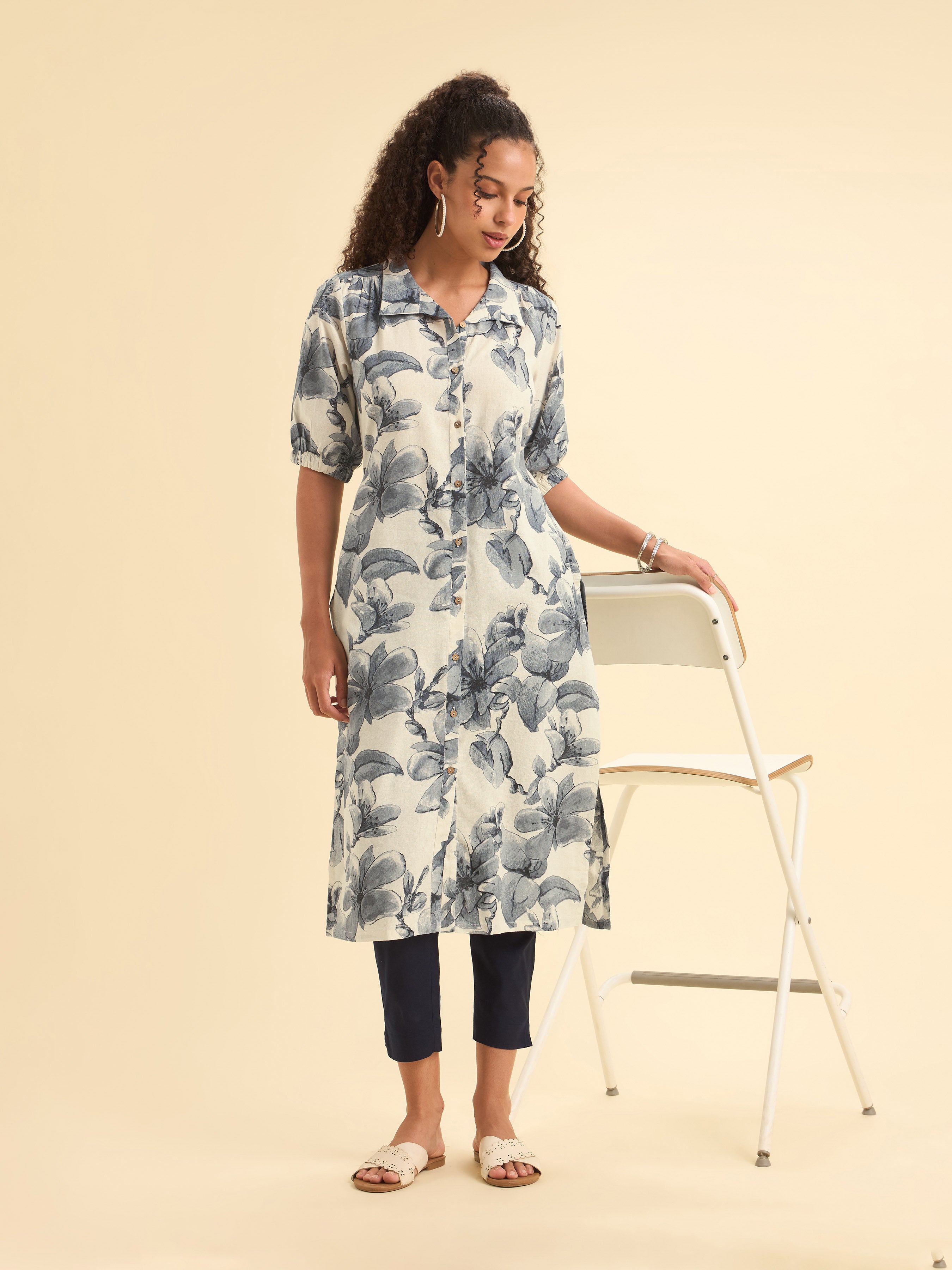 Ivory Blue Cotton Flax Printed Slited Kurti With Full Placket