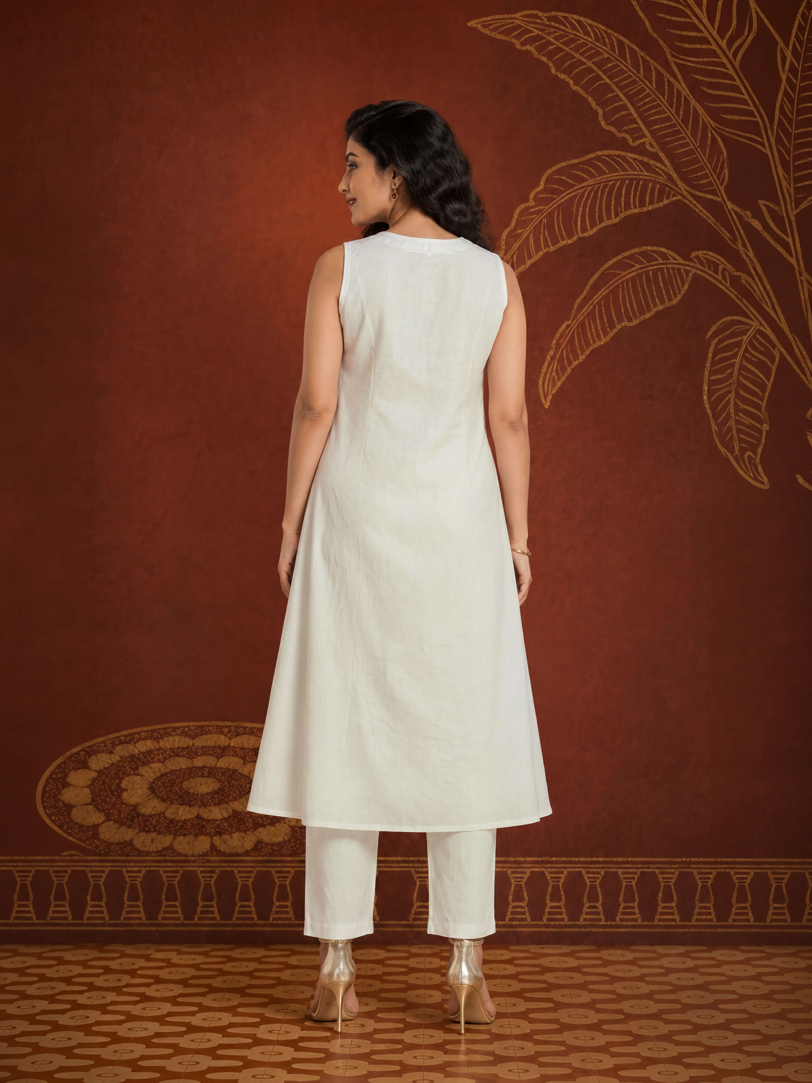 Ivory Colour Cotton Flax Slub Plain Printed Flared Kurti