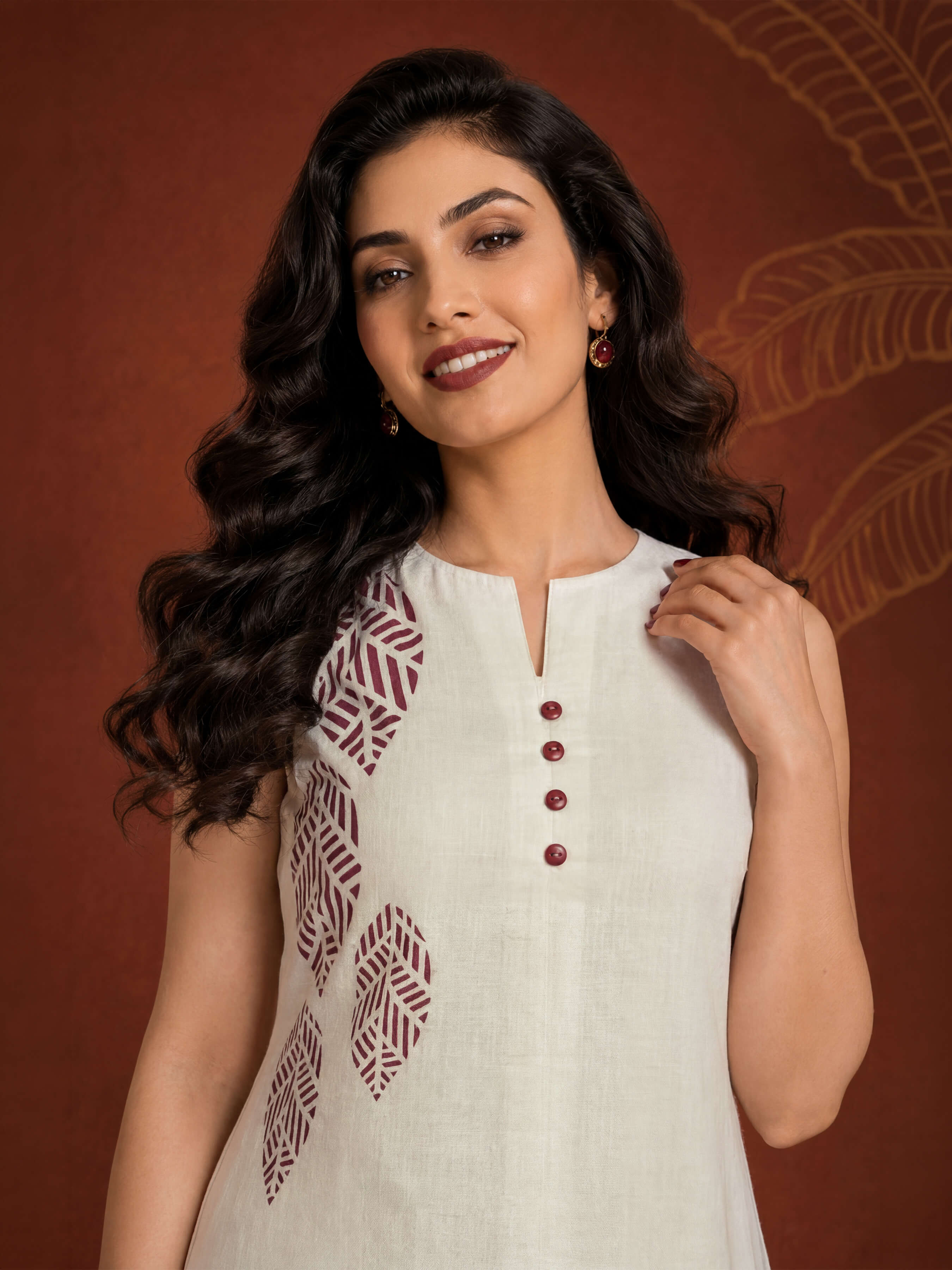 Ivory Colour Cotton Flax Slub Plain Printed Flared Kurti