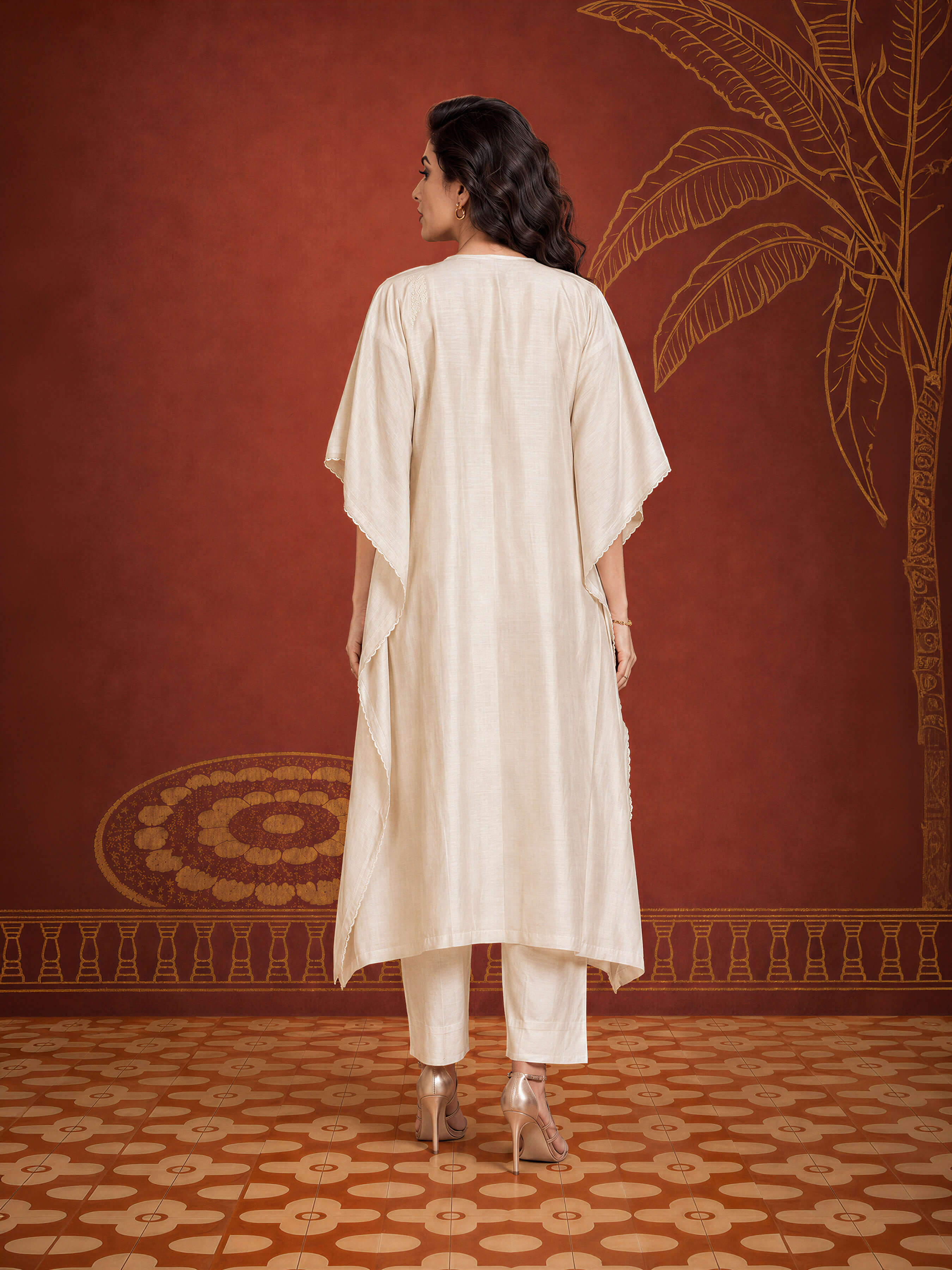 Ivory Colour Mull Chanderi Plain Kaftan With Embroidery And Sequins Work