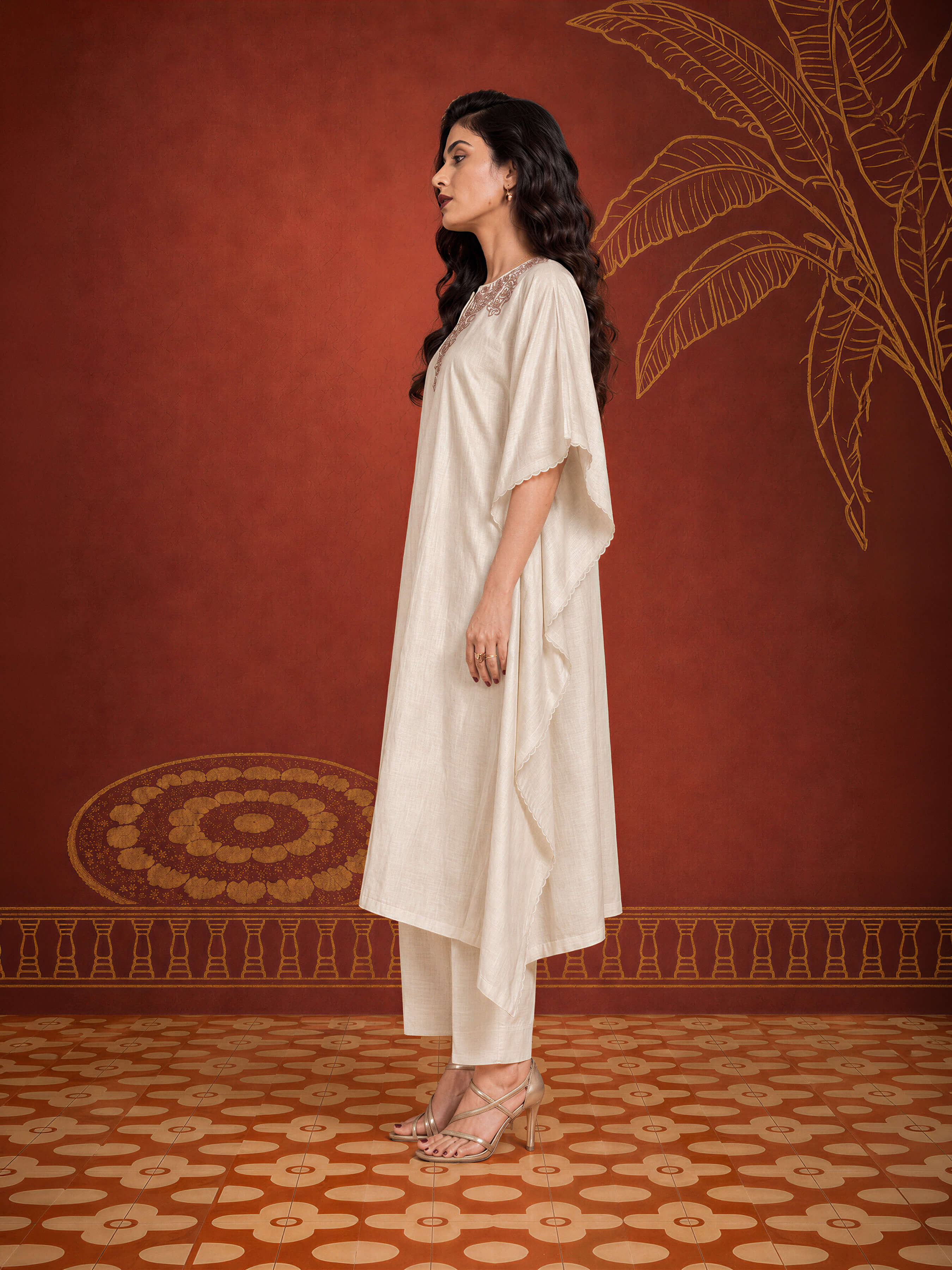 Ivory Colour Mull Chanderi Plain Kaftan With Embroidery And Sequins Work